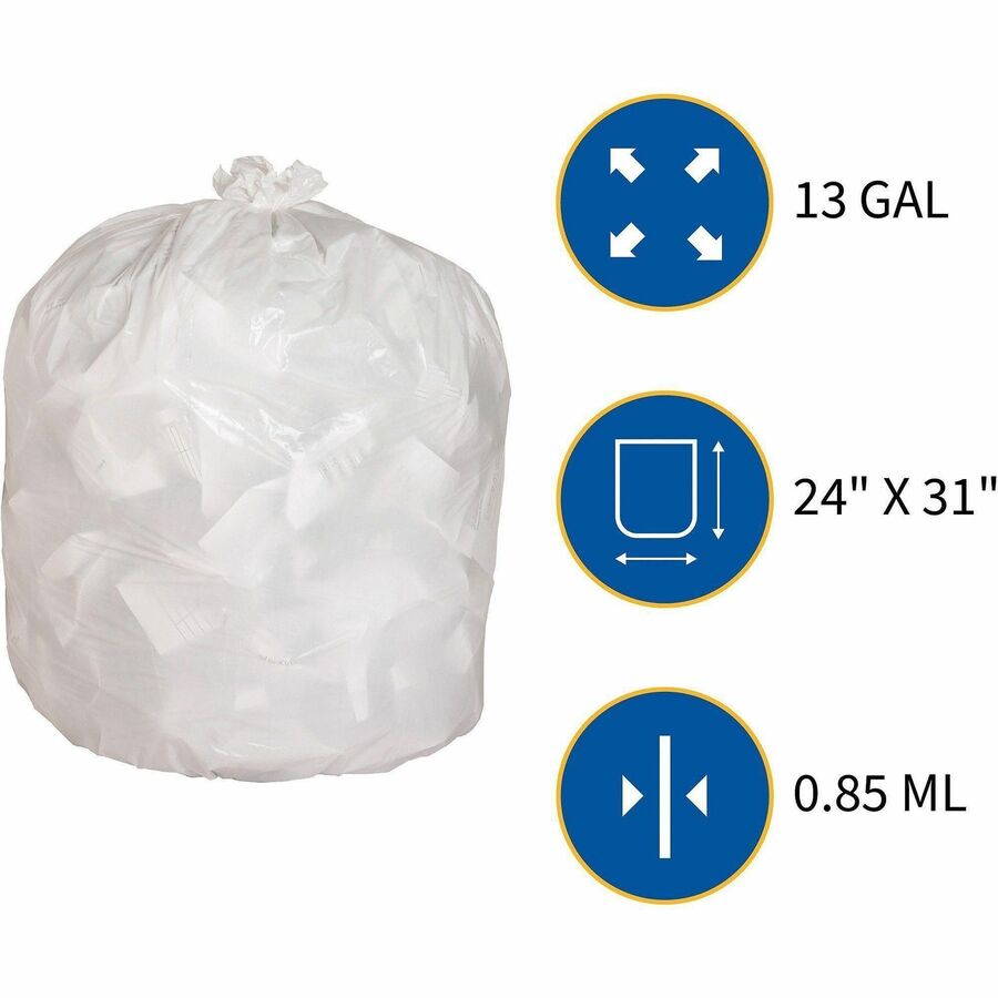 Genuine Joe Heavy-Duty Tall Kitchen Trash Bags - Small Size - 13 gal Capacity - 24" Width x 31" Length - 0.85 mil (22 Micron) Thickness - Low Density - White - 150/Carton - Kitchen - Recycled