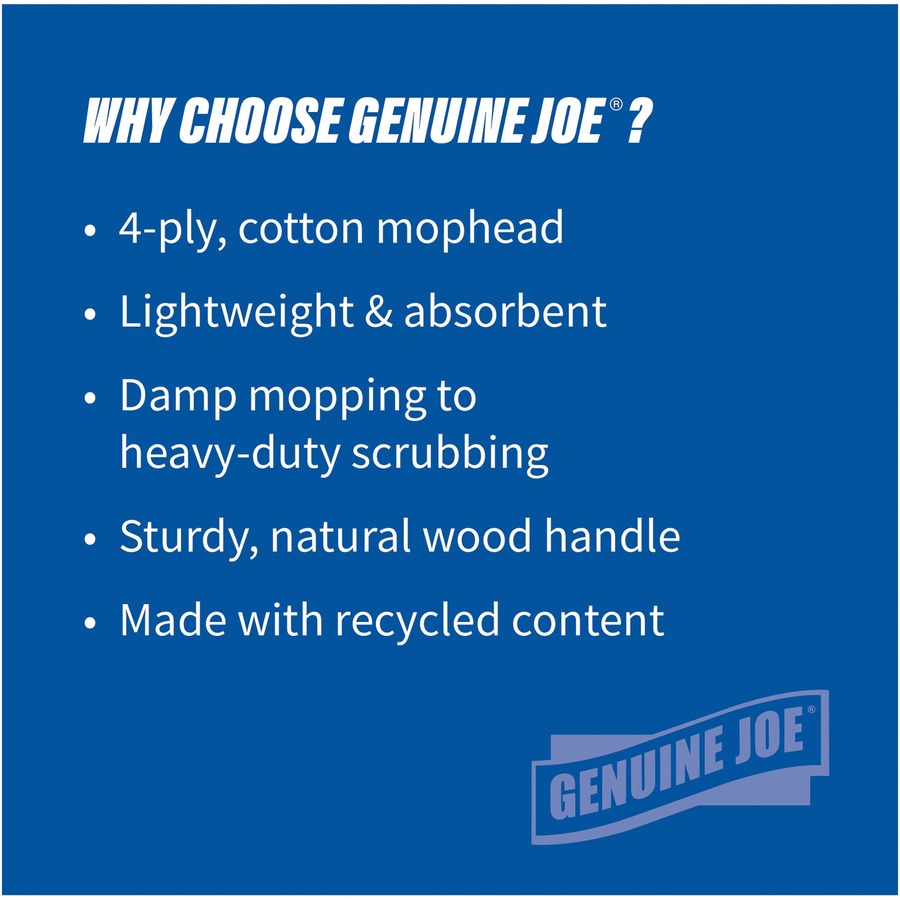 Genuine Joe Wood Handle Complete Wet Mop - 60" x 0.94" Cotton Head Wood Handle - Lightweight, Rust Resistant, Absorbent, 4-ply, Refillable - 1 Each - 7