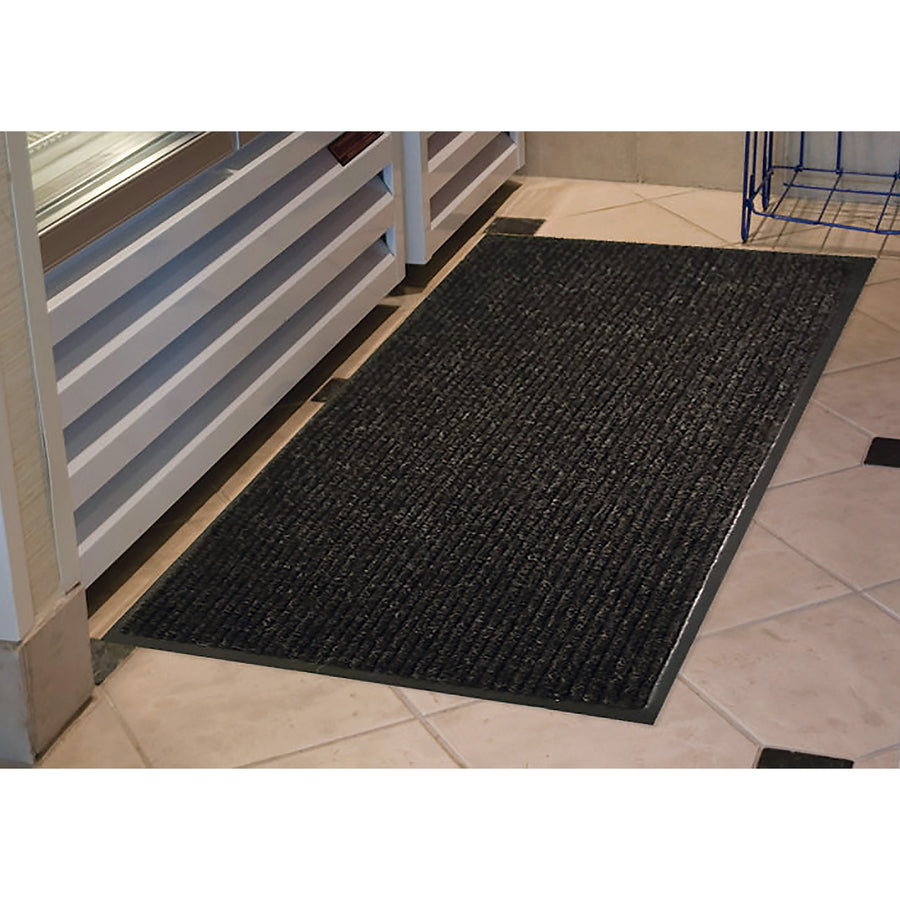 Genuine Joe Ribbed Indoor Wiper Mat - Warehouse, Indoor - 72" Length x 48" Width - Vinyl, Polypropylene - Charcoal - 1Each - 