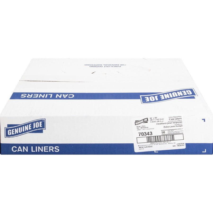 Genuine Joe Maximum Strength Trash Can Liner - Extra Large Size - 60 gal Capacity - 39" Width x 56" Length - 1.55 mil (39 Micron) Thickness - Low Density - Silver - Plastic Resin - 50/Carton - Food Waste, Office Waste, Can, Debris - Recycled