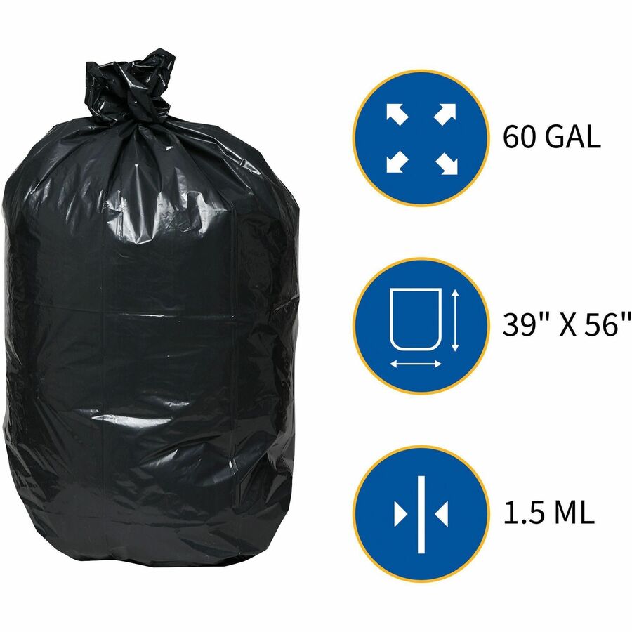 Genuine Joe Heavy-Duty Trash Can Liners - 60 gal Capacity - 39" Width x 56" Length - 1.50 mil (38 Micron) Thickness - Low Density - Black - Plastic Resin - 50/Carton - Debris, Can, Waste