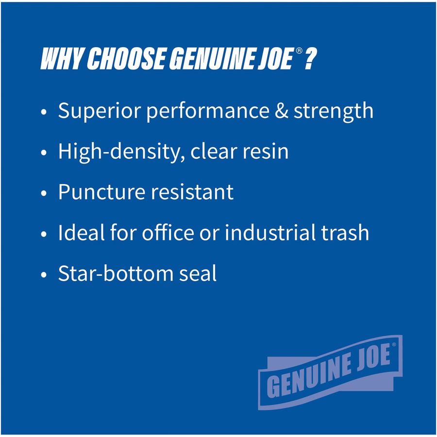 Genuine Joe High-density Can Liners - Extra Large Size - 56 gal Capacity - 43" Width x 48" Length - 0.63 mil (16 Micron) Thickness - High Density - Clear - Resin - 10/Carton - 20 Per Roll - Office Waste, Industrial Trash - 