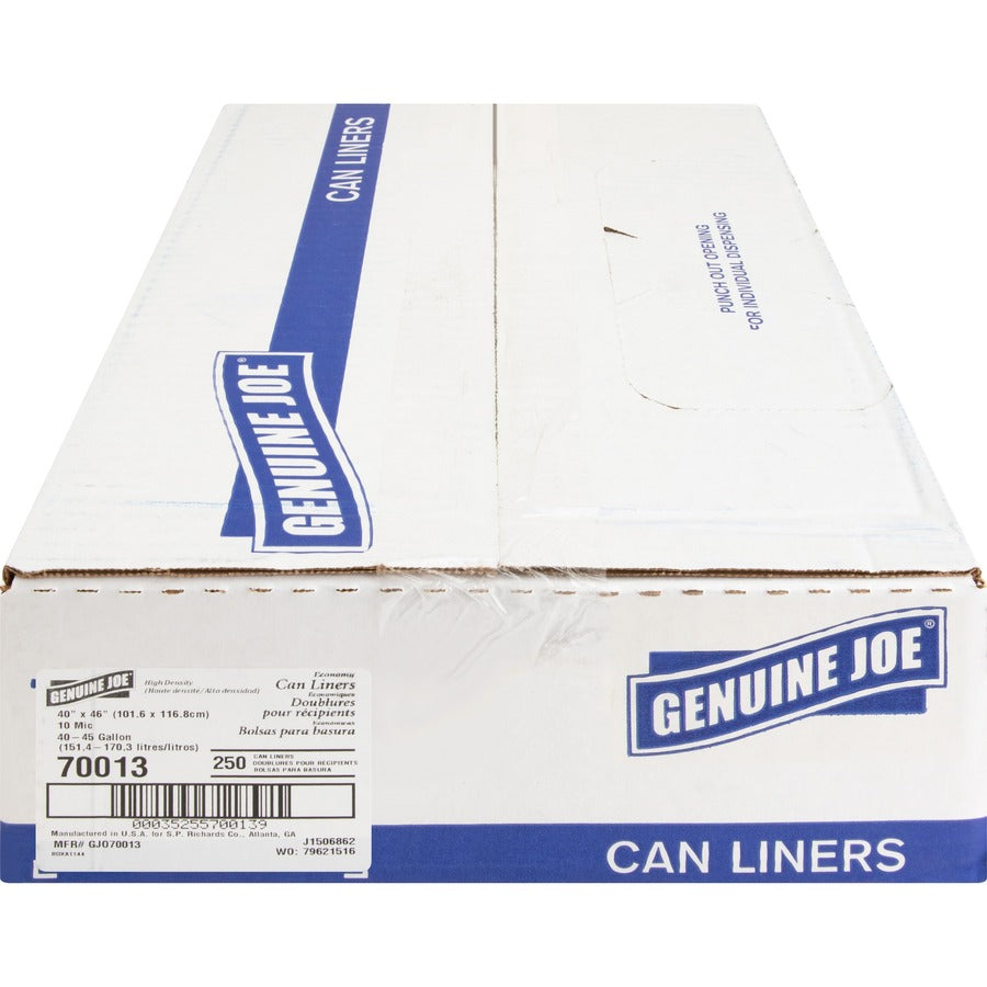 Genuine Joe Economy High-Density Can Liners - Large Size - 45 gal Capacity - 40" Width x 46" Length - 0.39 mil (10 Micron) Thickness - High Density - Translucent - Resin - 250/Carton