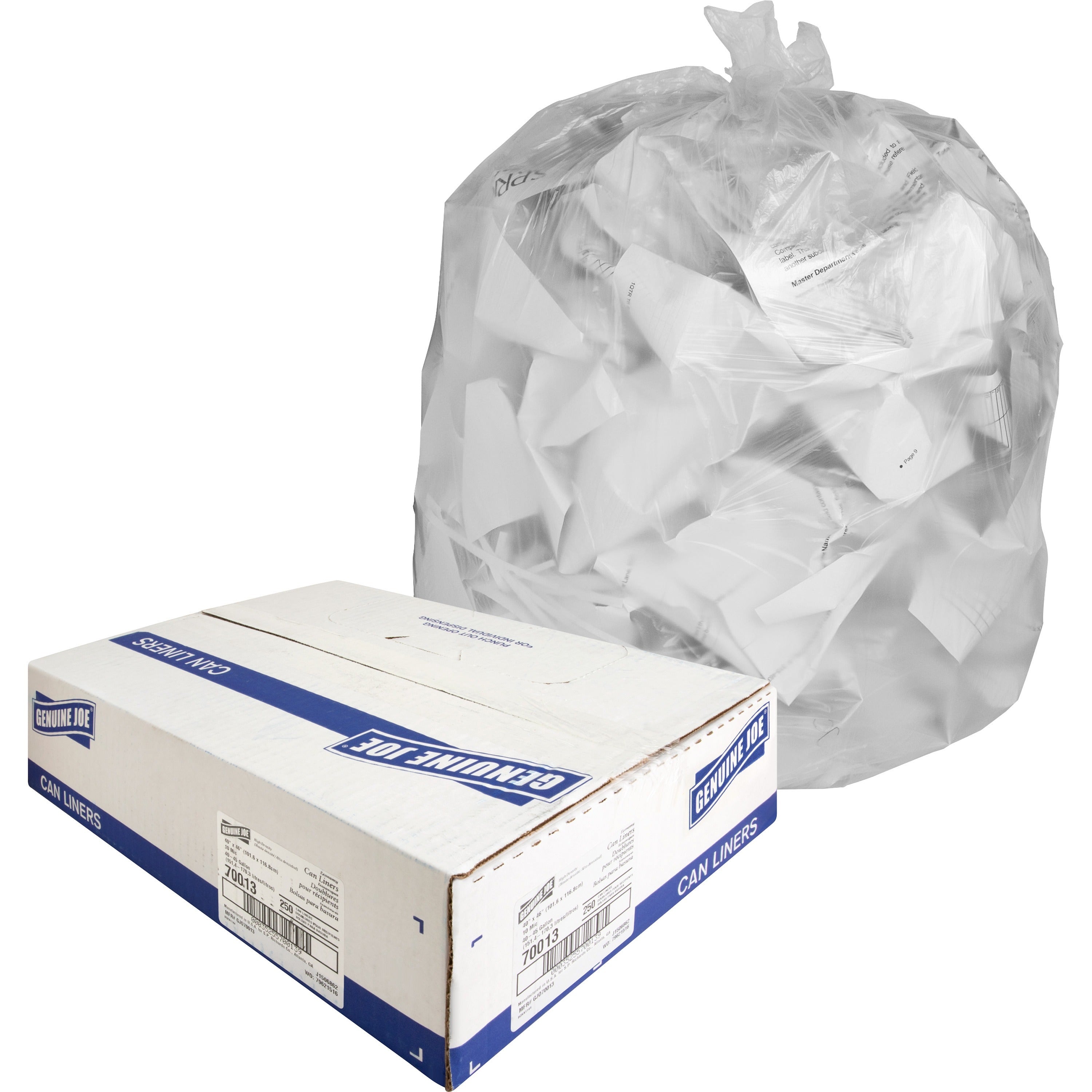 Genuine Joe Economy High-Density Can Liners - Large Size - 45 gal Capacity - 40" Width x 46" Length - 0.39 mil (10 Micron) Thickness - High Density - Translucent - Resin - 250/Carton - 