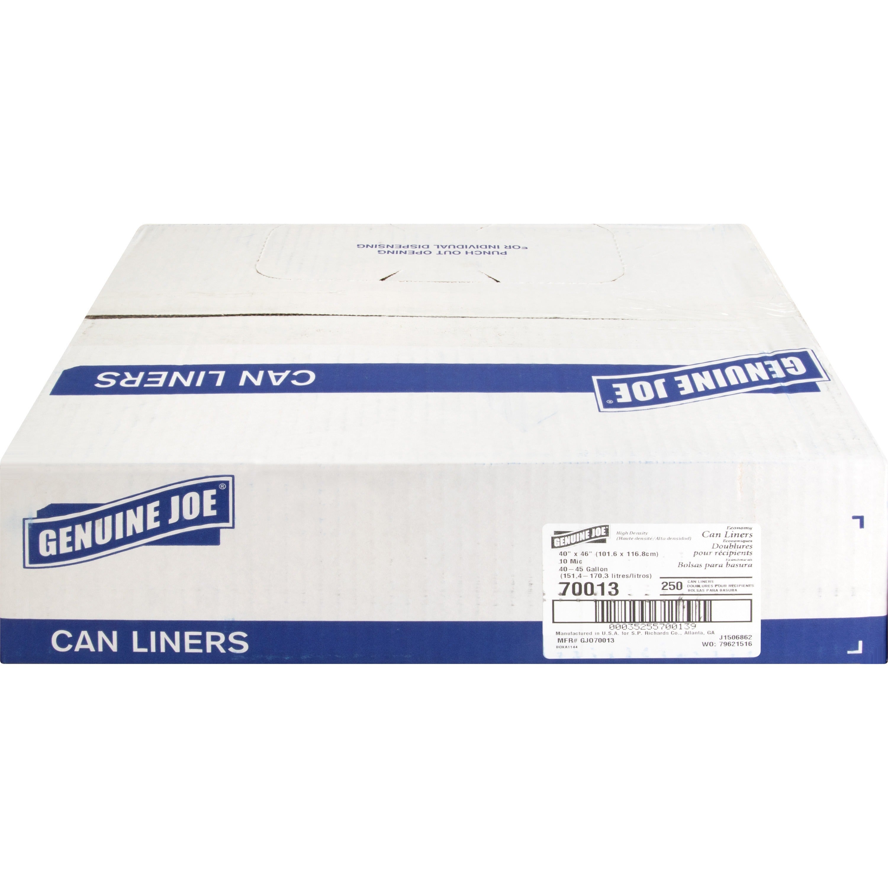 Genuine Joe Economy High-Density Can Liners - Large Size - 45 gal Capacity - 40" Width x 46" Length - 0.39 mil (10 Micron) Thickness - High Density - Translucent - Resin - 250/Carton - 