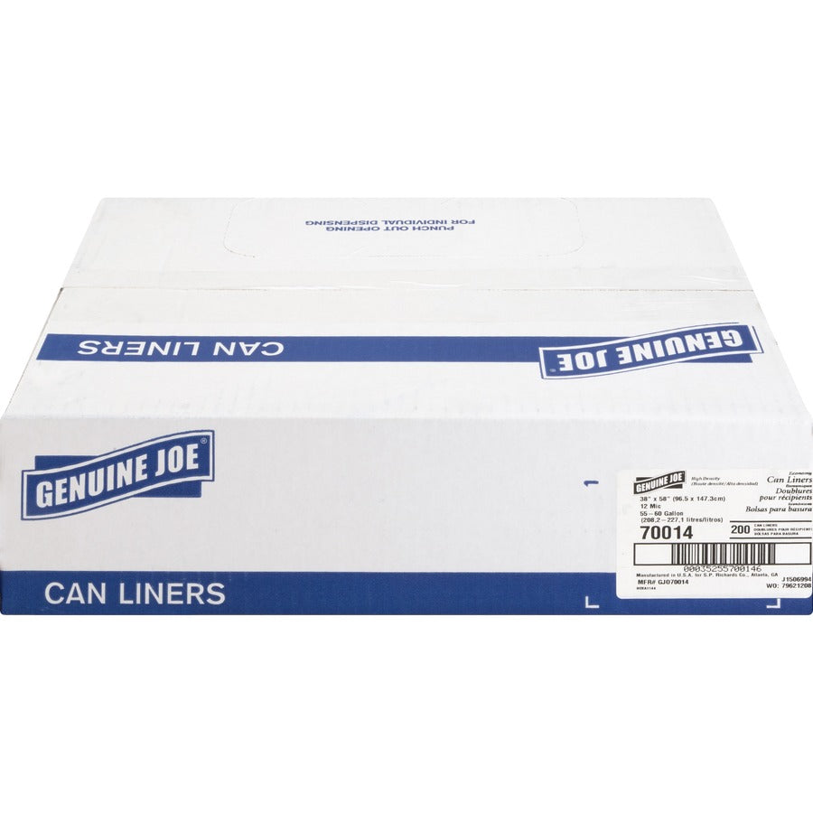 Genuine Joe Economy High-Density Can Liners - Extra Large Size - 60 gal Capacity - 38" Width x 58" Length - 0.47 mil (12 Micron) Thickness - High Density - Translucent - Resin - 200/Carton - Office Waste