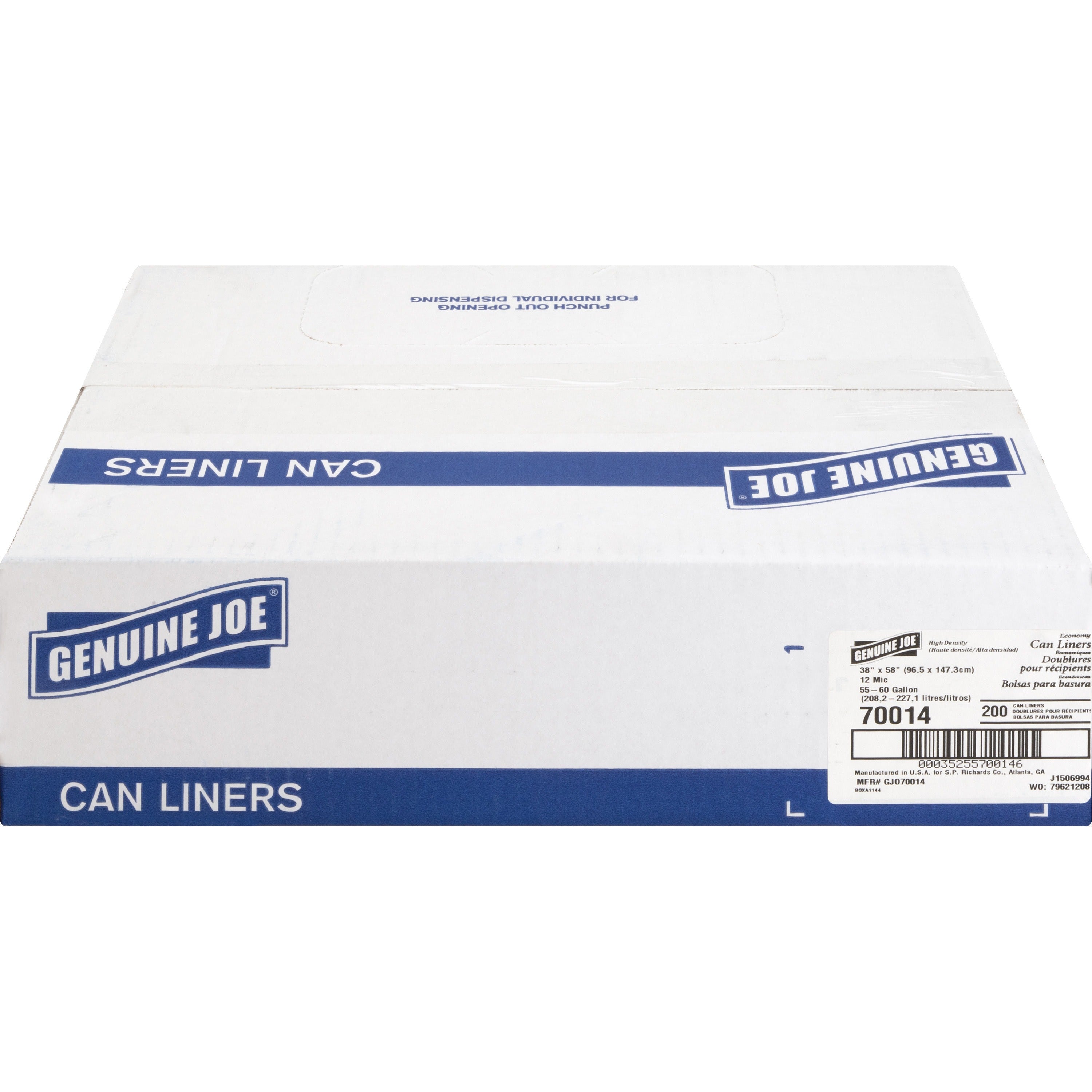 Genuine Joe Economy High-Density Can Liners - Extra Large Size - 60 gal Capacity - 38" Width x 58" Length - 0.47 mil (12 Micron) Thickness - High Density - Translucent - Resin - 200/Carton - Office Waste - 