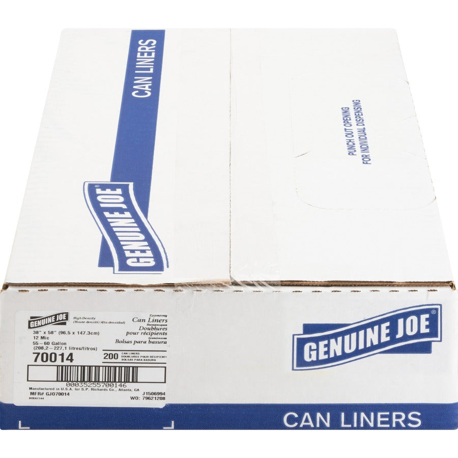 Genuine Joe Economy High-Density Can Liners - Extra Large Size - 60 gal Capacity - 38" Width x 58" Length - 0.47 mil (12 Micron) Thickness - High Density - Translucent - Resin - 200/Carton - Office Waste
