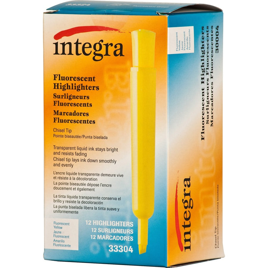 Integra Chisel Desk Liquid Highlighters - Chisel Marker Point Style - Yellow Water Based Ink - Yellow Barrel - 1 Dozen