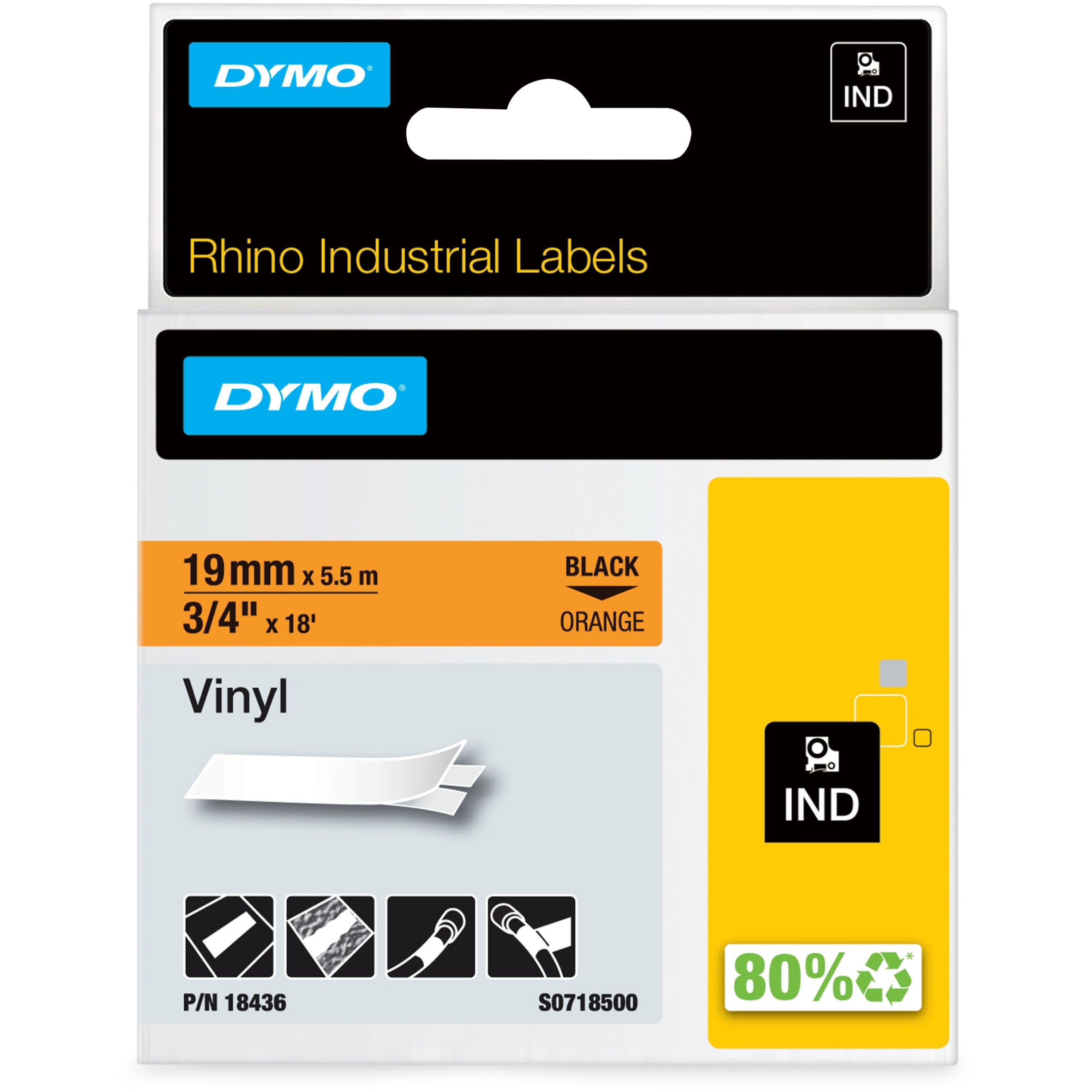 Dymo Colored Industrial Rhino Vinyl Labels - 3/4" Length - Black - Vinyl - 1 Each - 