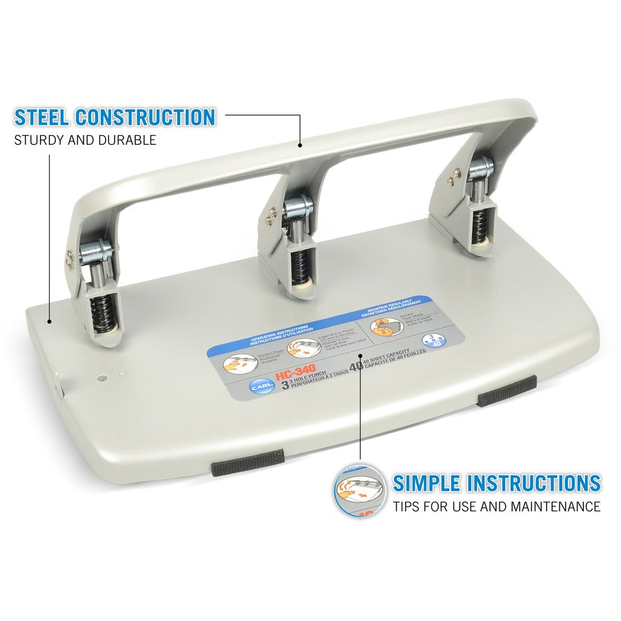 CARL Heavy-duty 3-Hole Punch with Tray - 3 Punch Head(s) - 40 Sheet of 20lb Paper - 9/32" Punch Size - Silver