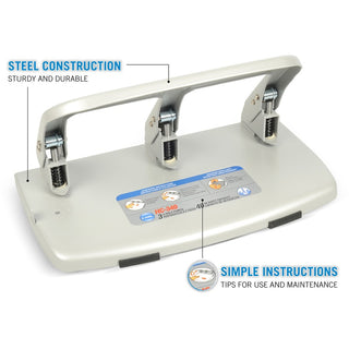 CARL Heavy-duty 3-Hole Punch with Tray - 3 Punch Head(s) - 40 Sheet of 20lb Paper - 9/32" Punch Size - Silver