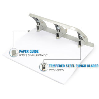 CARL Heavy-duty 3-Hole Punch with Tray - 3 Punch Head(s) - 40 Sheet of 20lb Paper - 9/32" Punch Size - Silver