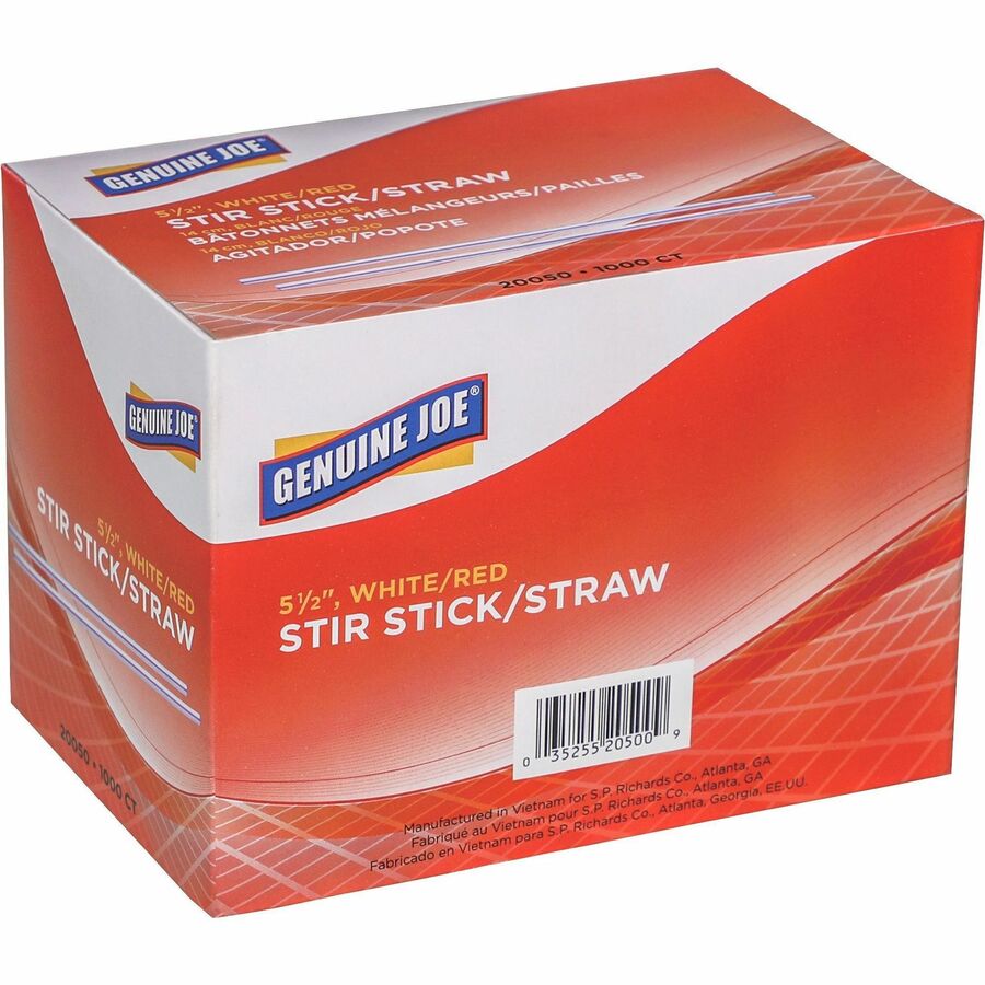 Genuine Joe 5-1/2" Plastic Stir Stick/Straws - 5.5" Length - Plastic - 1000 / Box - White