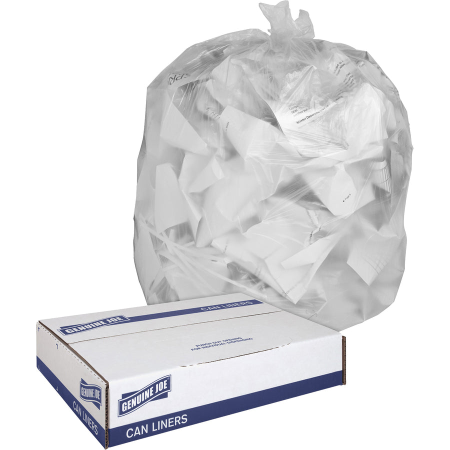 Genuine Joe Clear Trash Can Liners - Extra Large Size - 60 gal Capacity - 38" Width x 58" Length - 0.80 mil (20 Micron) Thickness - Low Density - Clear - Film - 100/Carton - Multipurpose - 