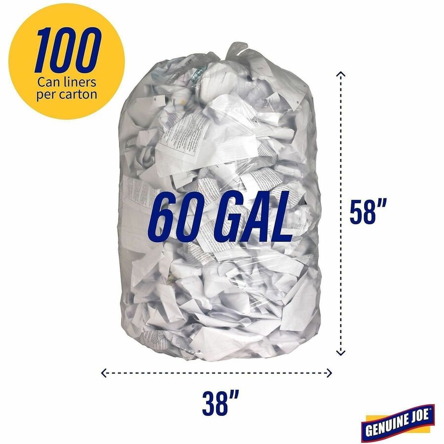 Genuine Joe Clear Trash Can Liners - Extra Large Size - 60 gal Capacity - 38" Width x 58" Length - 0.80 mil (20 Micron) Thickness - Low Density - Clear - Film - 100/Carton - Multipurpose