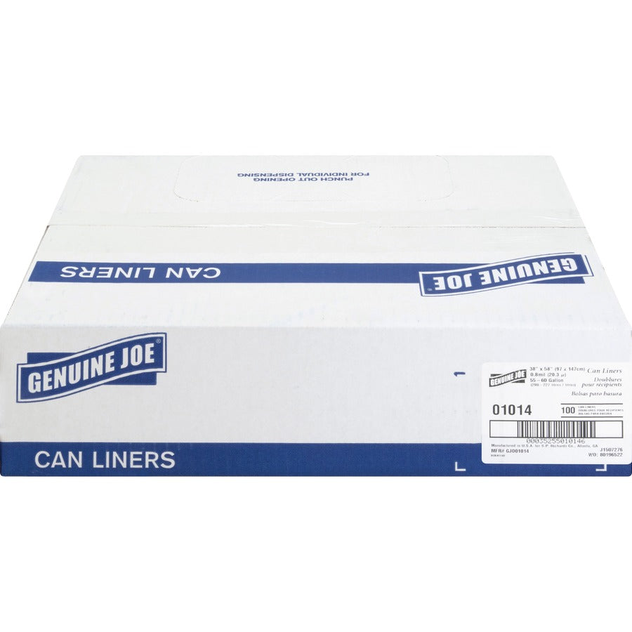 Genuine Joe Clear Trash Can Liners - Extra Large Size - 60 gal Capacity - 38" Width x 58" Length - 0.80 mil (20 Micron) Thickness - Low Density - Clear - Film - 100/Carton - Multipurpose