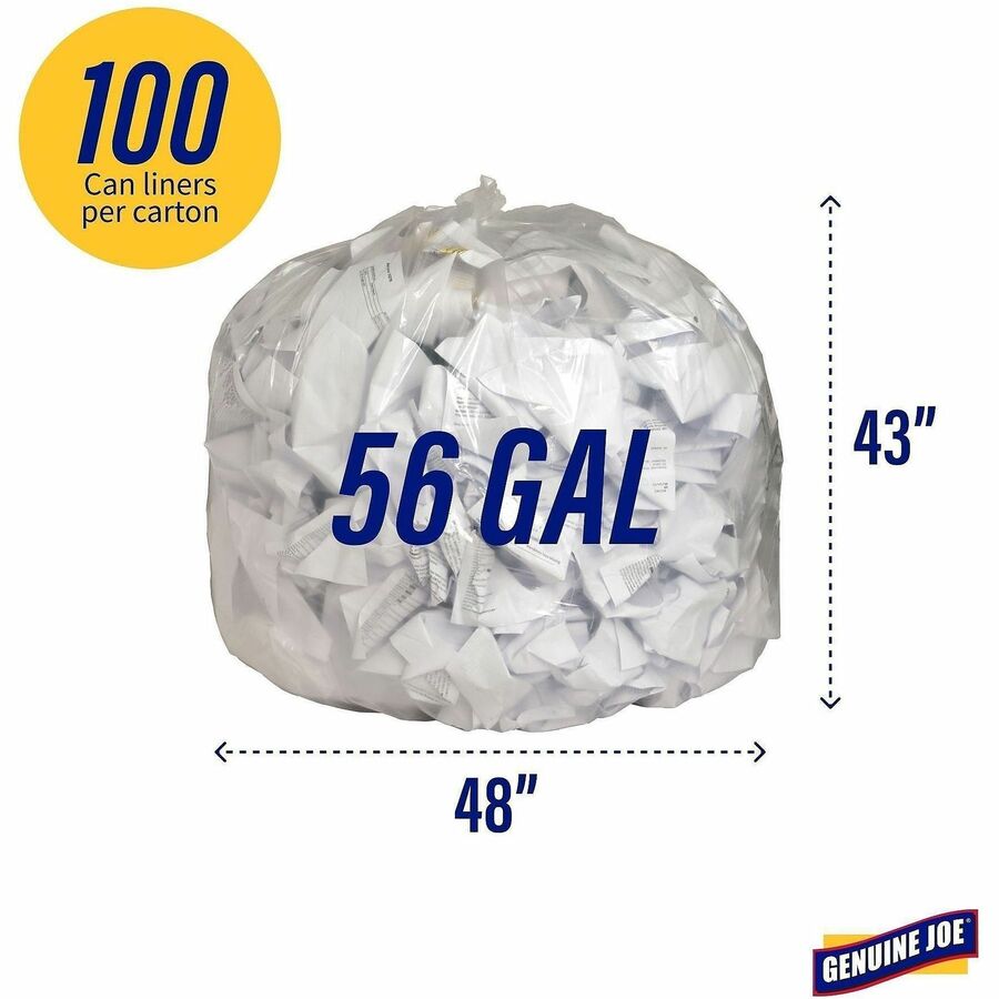 Genuine Joe Clear Trash Can Liners - 56 gal Capacity - 43" Width x 48" Length - 0.80 mil (20 Micron) Thickness - Low Density - Clear - Film - 100/Carton - Multipurpose - Recycled