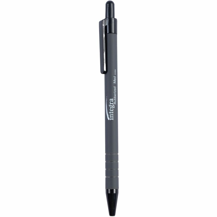 Integra Rubber Barrel Retractable Ballpoint Pens - Medium Pen Point - 1 mm Pen Point Size - Retractable - Black - Rubber Barrel - 1 Dozen