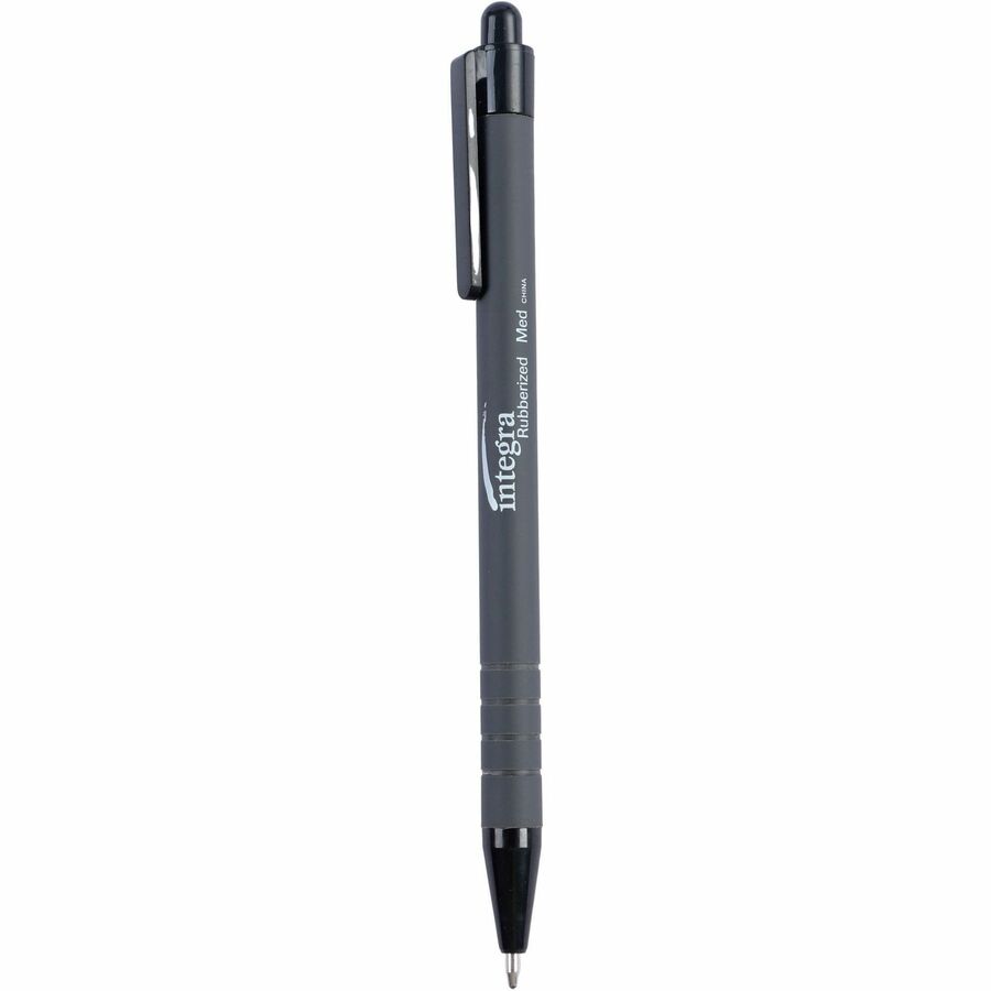 Integra Rubber Barrel Retractable Ballpoint Pens - Medium Pen Point - 1 mm Pen Point Size - Retractable - Black - Rubber Barrel - 1 Dozen
