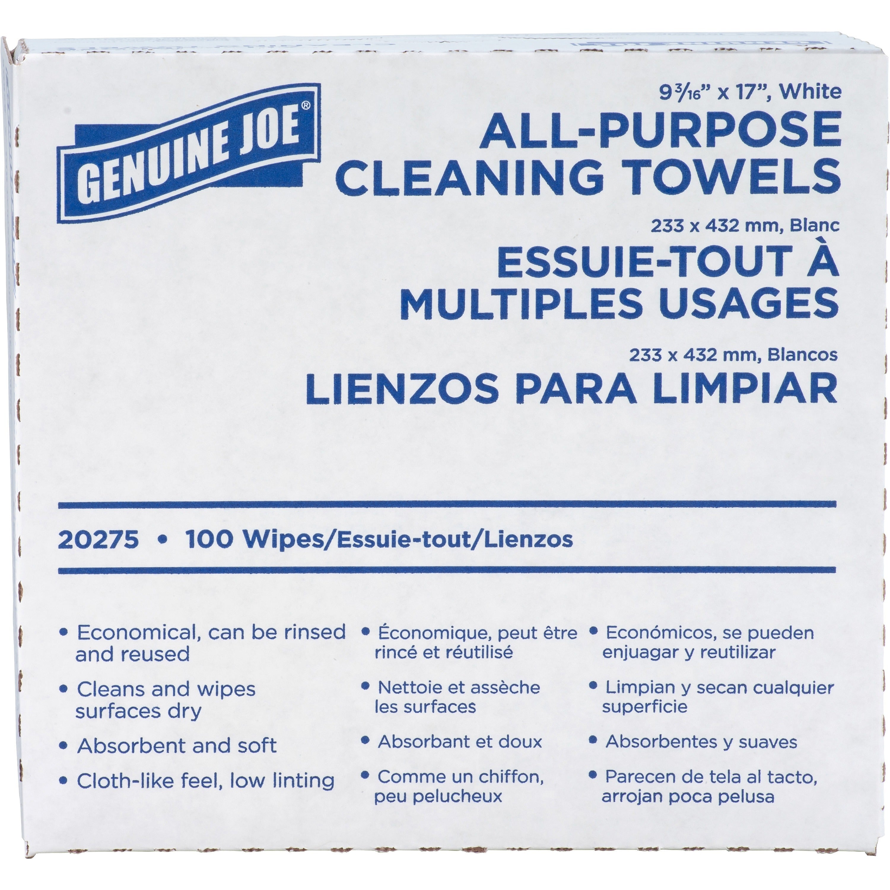 Genuine Joe All-Purpose Cleaning Towels - 16.50" x 9.50" - White - Fabric - Soft, Reusable, Absorbent, Medium Duty - For Multipurpose - 100 / Box - 