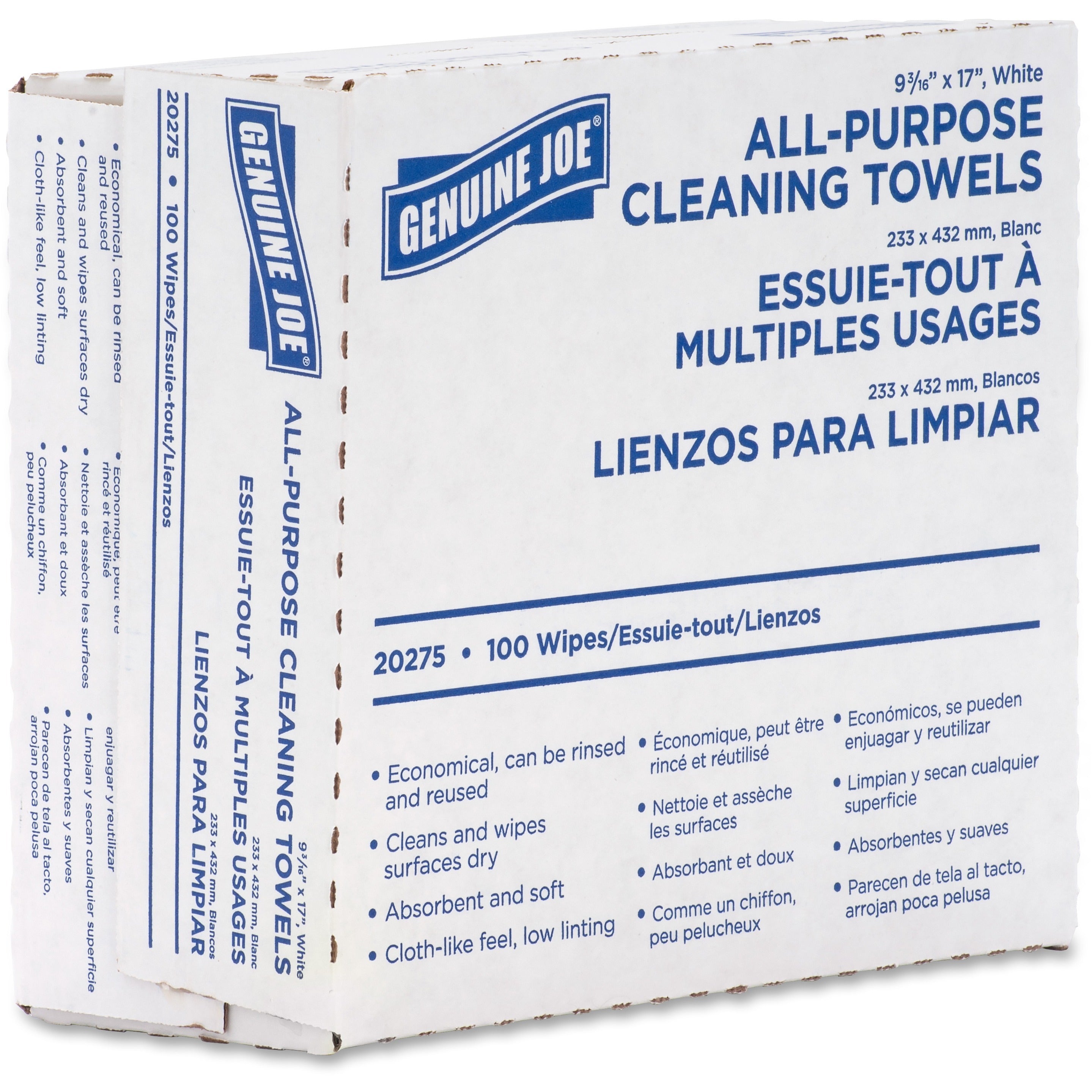 Genuine Joe All-Purpose Cleaning Towels - 16.50" x 9.50" - White - Fabric - Soft, Reusable, Absorbent, Medium Duty - For Multipurpose - 100 / Box - 