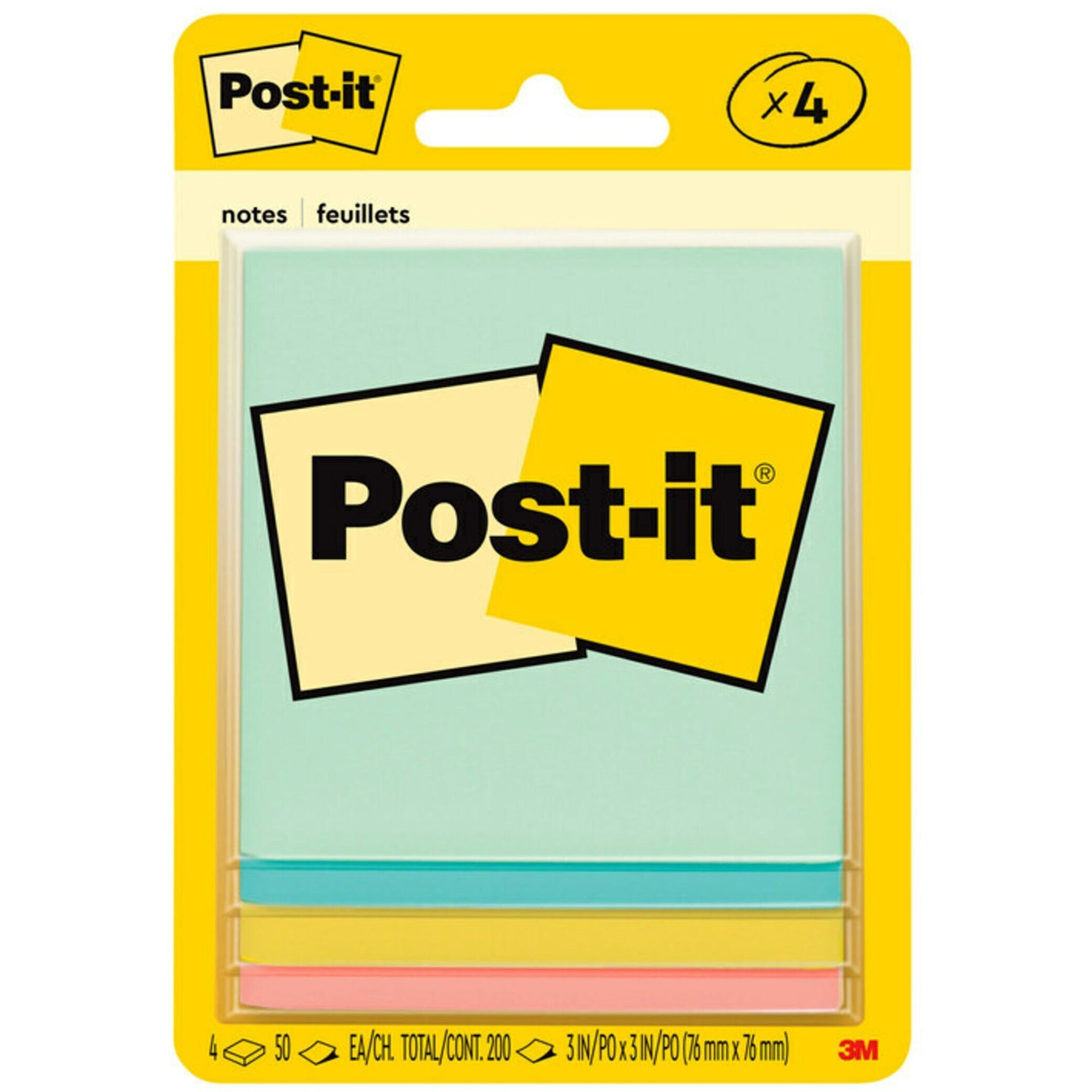 Post-it Notes Original Notepads -Beachside Cafe Color Collection - 200 - 3" x 3" - Square - 50 Sheets per Pad - Unruled - Fresh Mint, Aqua Splash, Sunnyside, Papaya Fizz - Paper - Self-adhesive - 4 / Pack - 