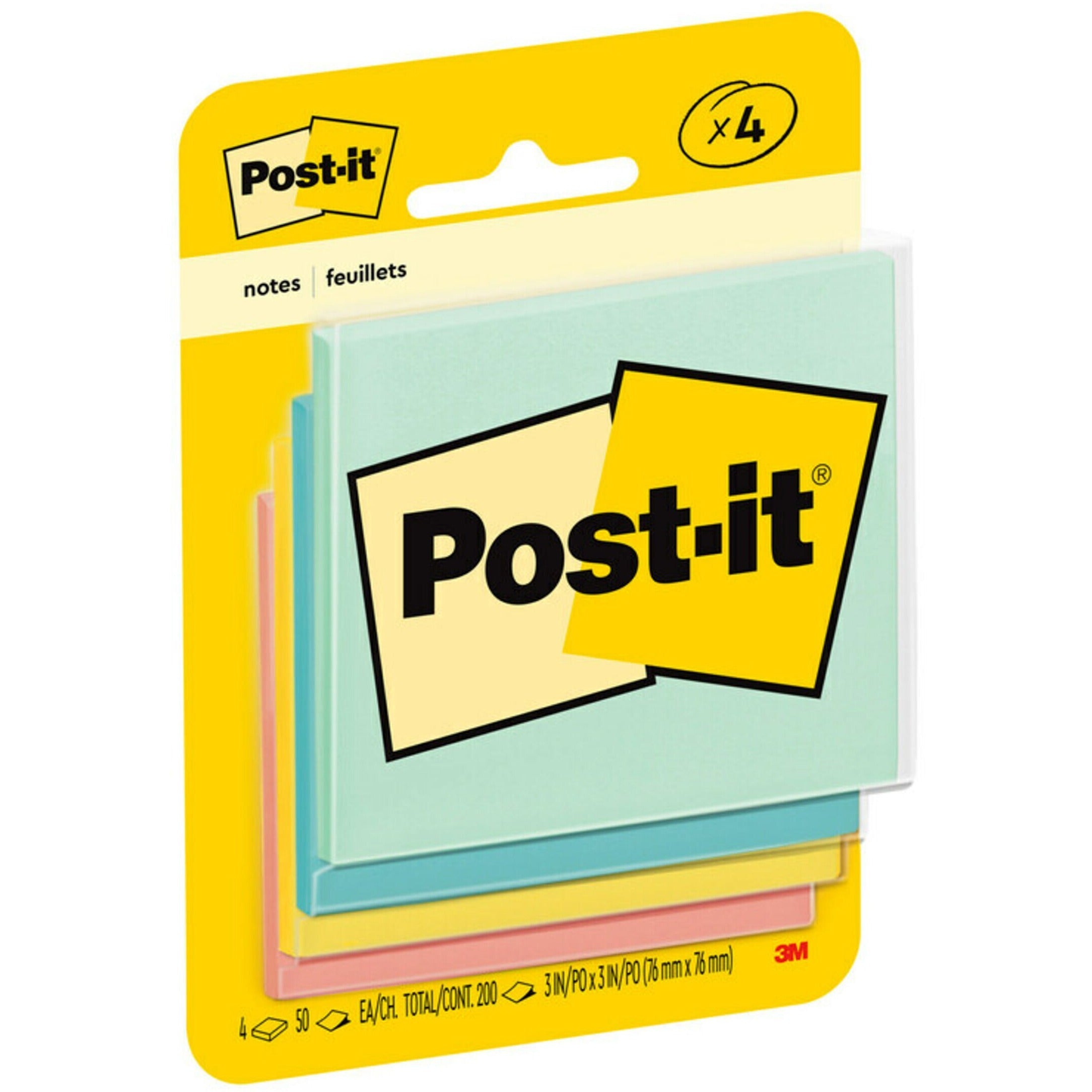 Post-it Notes Original Notepads -Beachside Cafe Color Collection - 200 - 3" x 3" - Square - 50 Sheets per Pad - Unruled - Fresh Mint, Aqua Splash, Sunnyside, Papaya Fizz - Paper - Self-adhesive - 4 / Pack - 