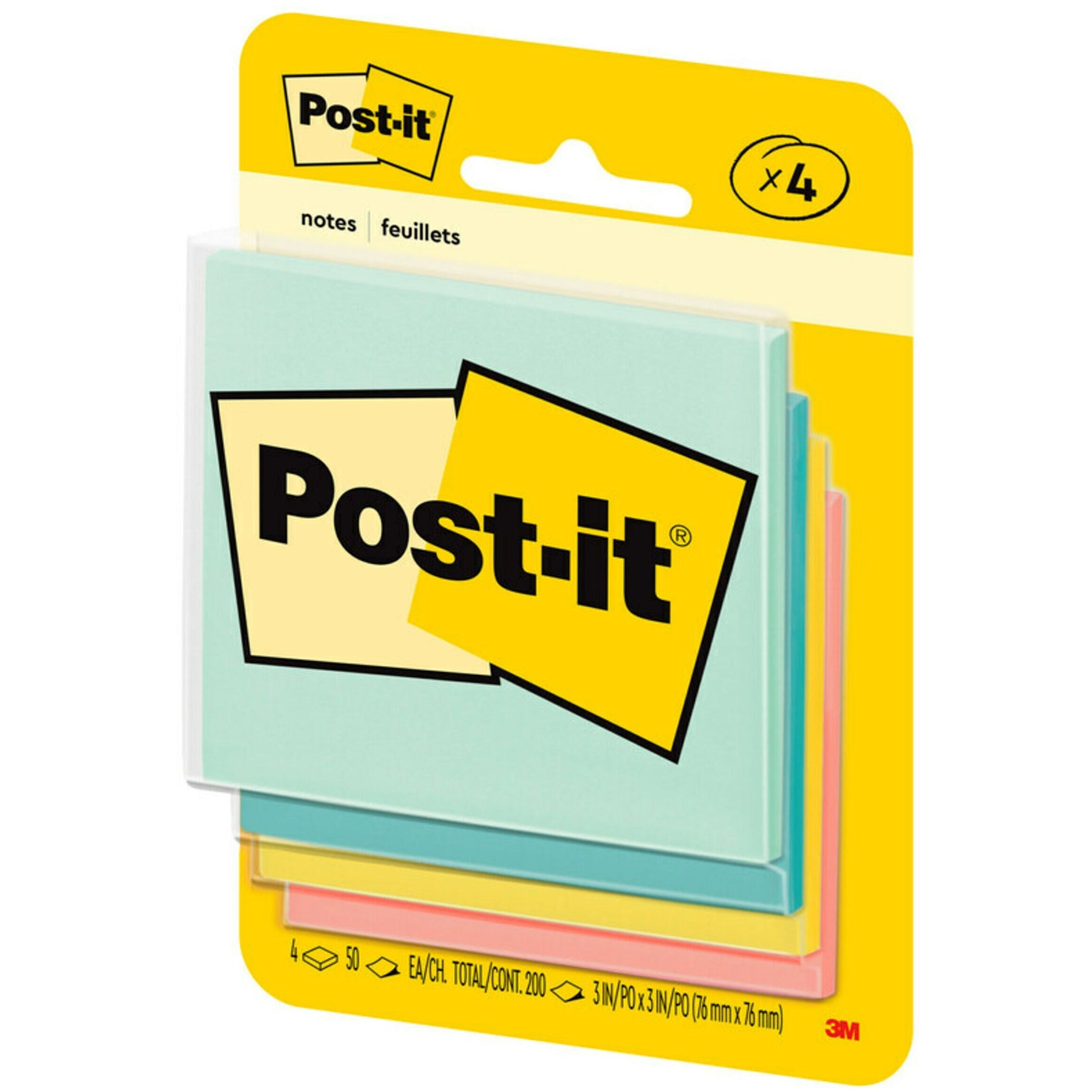 Post-it Notes Original Notepads -Beachside Cafe Color Collection - 200 - 3" x 3" - Square - 50 Sheets per Pad - Unruled - Fresh Mint, Aqua Splash, Sunnyside, Papaya Fizz - Paper - Self-adhesive - 4 / Pack - 