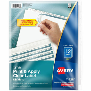 Print and Apply Index Maker Clear Label Dividers, 12-Tab, White Tabs, 11 x 8.5, White, 1 Set