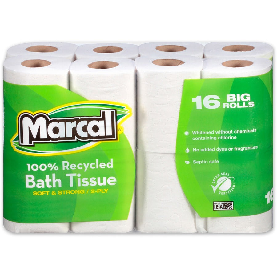 Marcal 100% Recycled Soft/Strong Bath Tissue - 2 Ply - 4.20" x 3.60" - 168 Sheets/Roll - White - Soft, Strong, Septic Safe, Hypoallergenic - For Bathroom - 16 Rolls Per Container - 6 / Carton