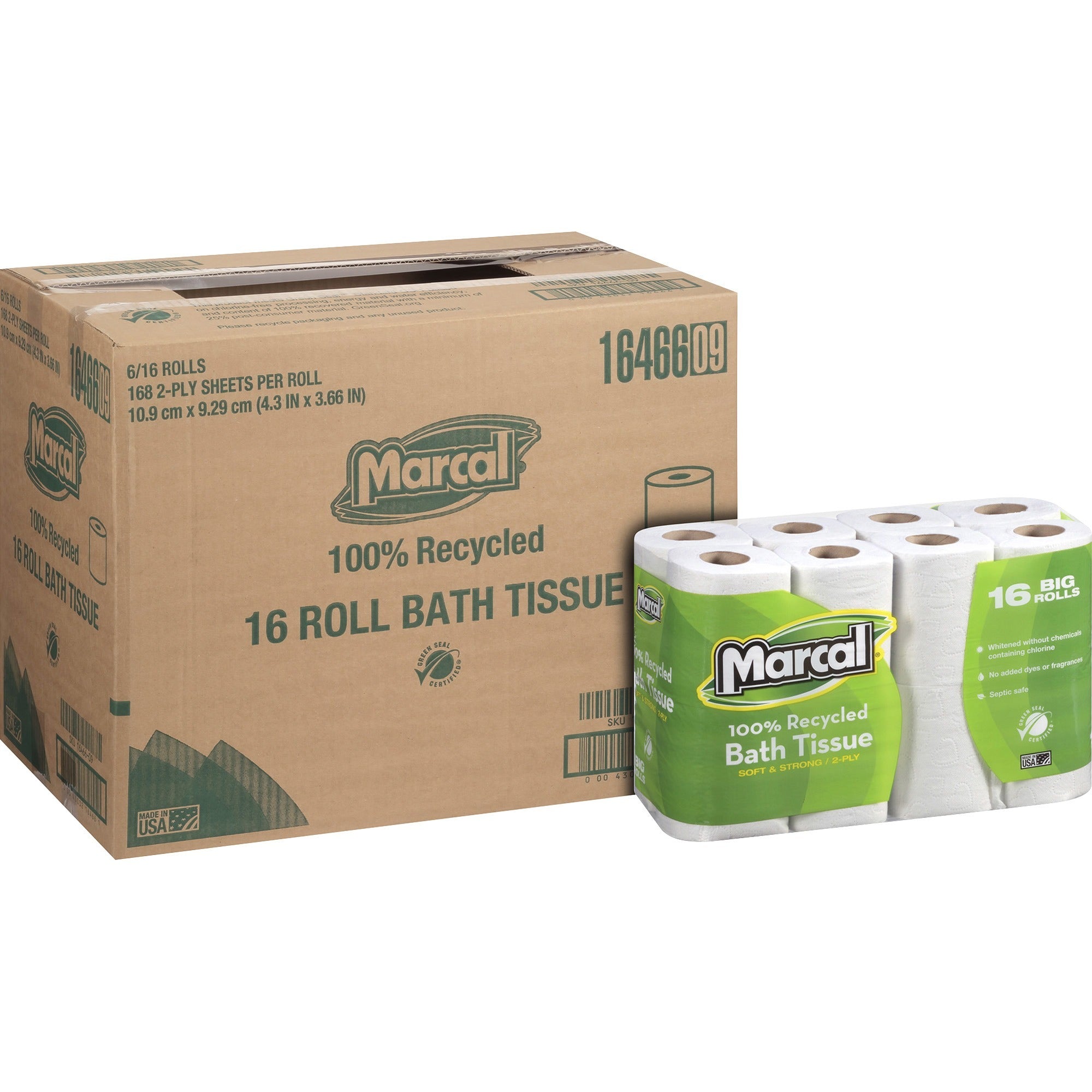 marcal-100%-recycled-soft-strong-bath-tissue-2-ply-420-x-360-168-sheets-roll-white-soft-strong-septic-safe-hypoallergenic-for-bathroom-16-rolls-per-container-6-carton_mrc16466ct - 1
