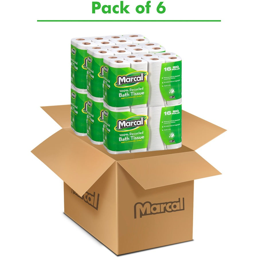 Marcal 100% Recycled Soft/Strong Bath Tissue - 2 Ply - 4.20" x 3.60" - 168 Sheets/Roll - White - Soft, Strong, Septic Safe, Hypoallergenic - For Bathroom - 16 Rolls Per Container - 6 / Carton