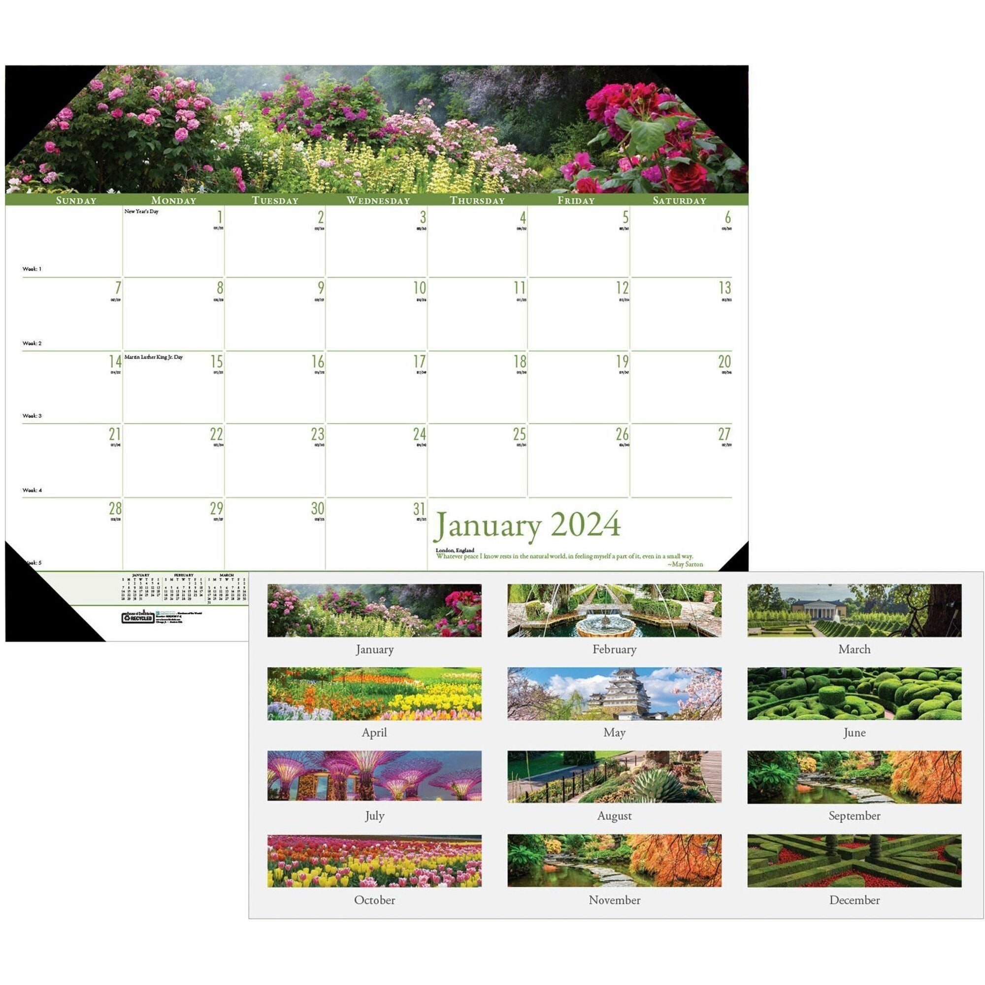 House of Doolittle Earthscapes Gardens Desk Pad - Julian Dates - Monthly - 1 Year - January 2024 - December 2024 - 1 Month Single Page Layout - 22" x 17" Sheet Size - 3.06" x 2.25" Block - Desk Pad - White - Leatherette, Paper - Reference Calendar -