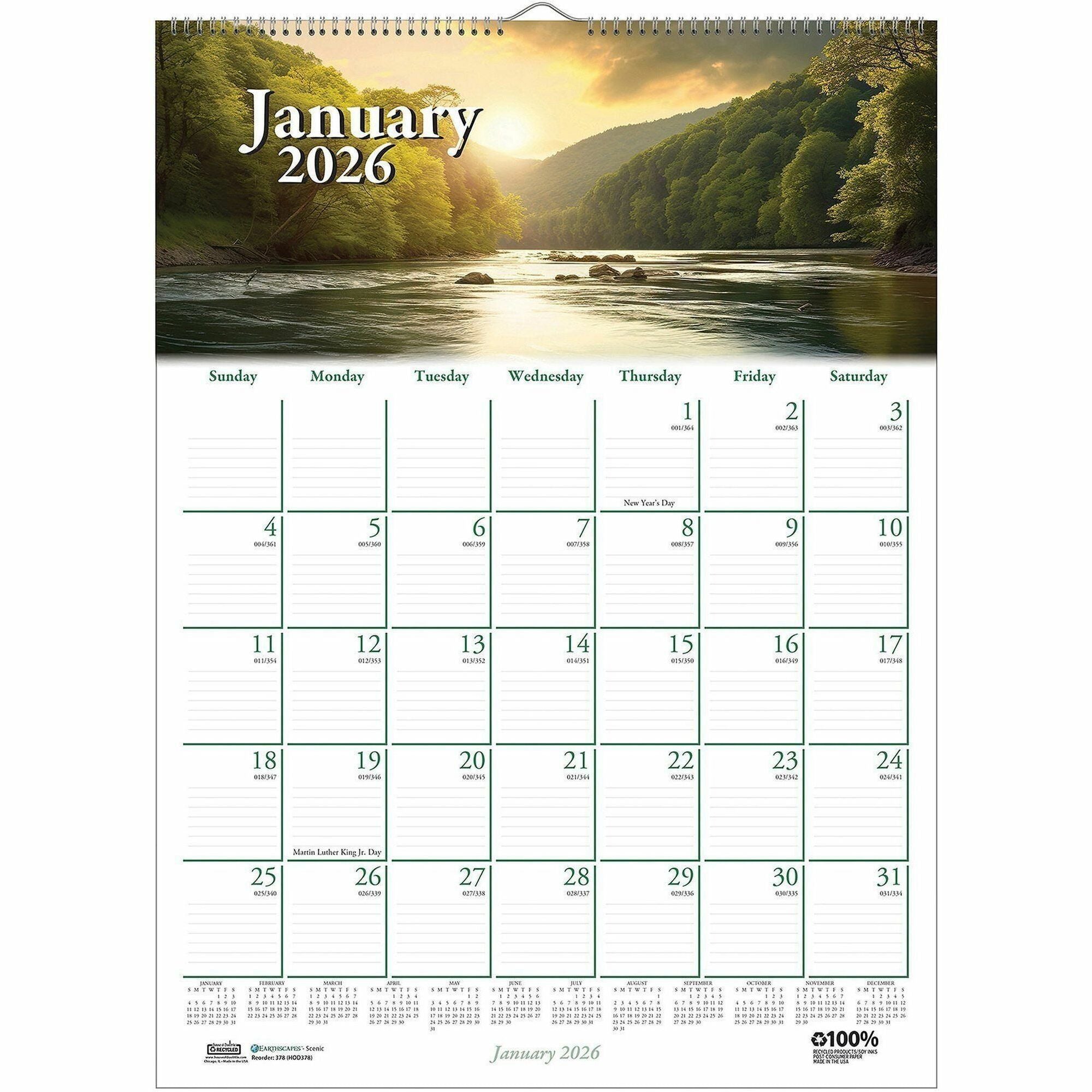 House of Doolittle Earthscapes Scenic Wall Calendars - Julian Dates - Monthly - 1 Year - January 2024 - December 2024 - 1 Month Single Page Layout - 12" x 16 1/2" Sheet Size - 2" x 1.63" Block - Wire Bound - White - Paper - Reference Calendar, Hangin
