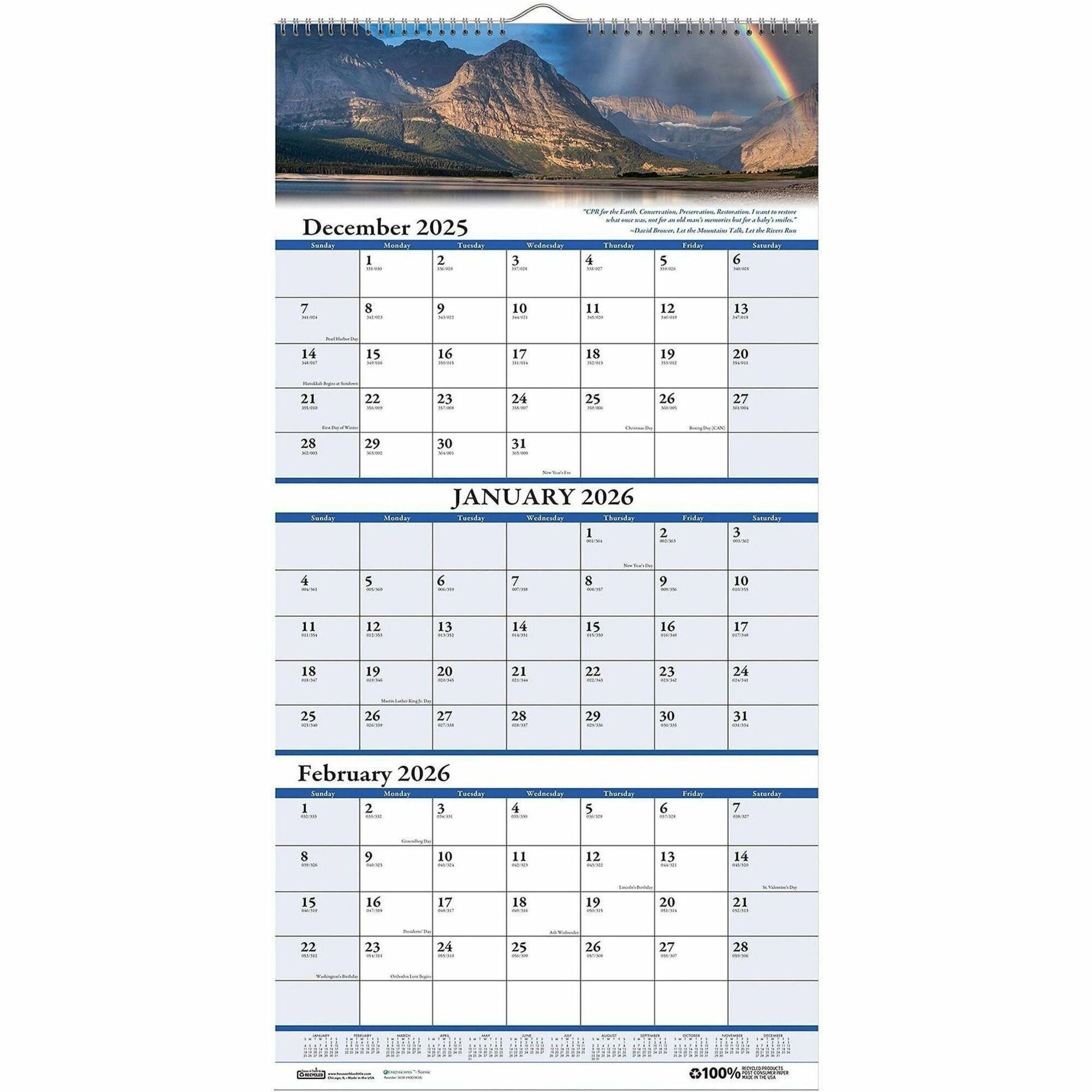 Earthscapes Recycled 3-Month Vertical Wall Calendar, Scenic Landscapes Photography, 12.25 x 26, 14-Month (Dec-Jan): 2023-2025