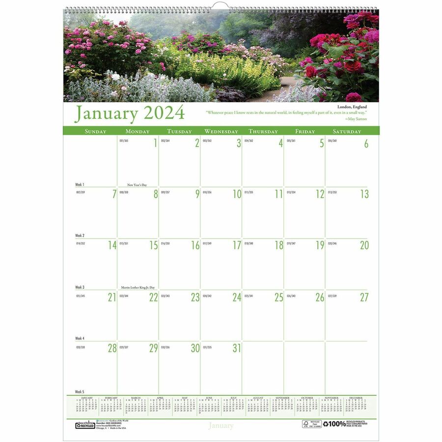 House of Doolittle Earthscapes Gardens Wall Calendar - Julian Dates - Monthly - 1 Year - January 2024 - December 2024 - 1 Month Single Page Layout - 15 1/2" x 22" Sheet Size - 2" x 2.50" Block - Wire Bound - White - Paper - Reference Calendar, Eyelet - 