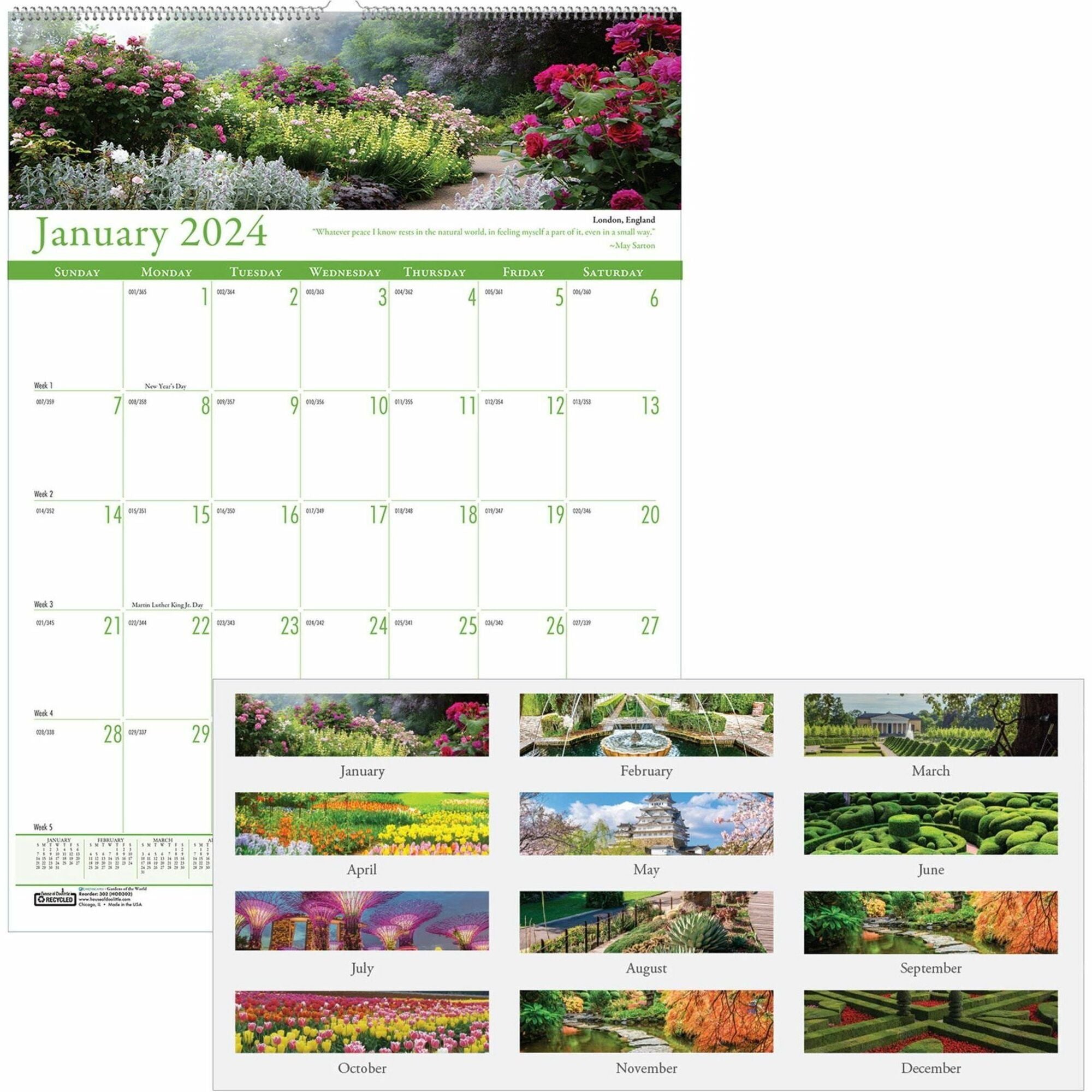 House of Doolittle Earthscapes Gardens Wall Calendar - Julian Dates - Monthly - 1 Year - January 2024 - December 2024 - 1 Month Single Page Layout - 15 1/2" x 22" Sheet Size - 2" x 2.50" Block - Wire Bound - White - Paper - Reference Calendar, Eyelet - 