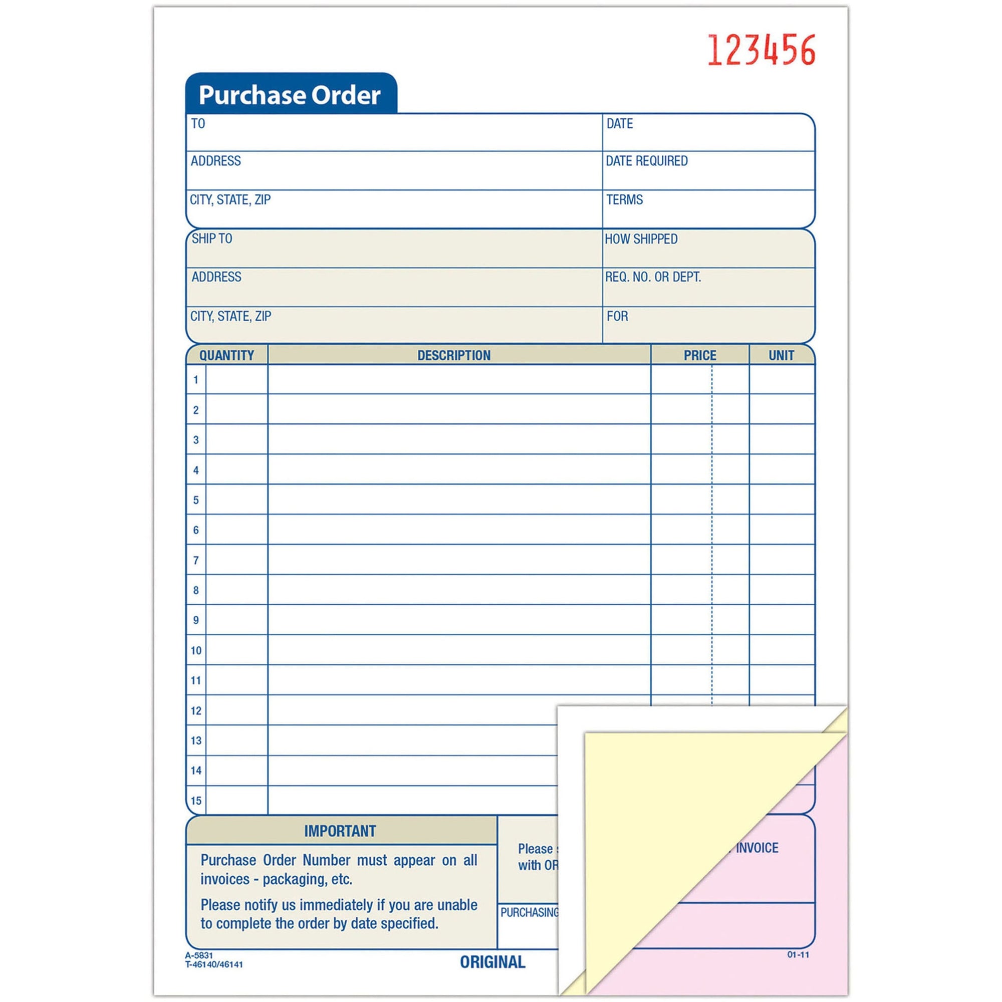 Adams 3-Part Carbonless Purchase Order Forms - 3 PartCarbonless Copy - 5.56" x 8.43" Sheet Size - 1 Each - 