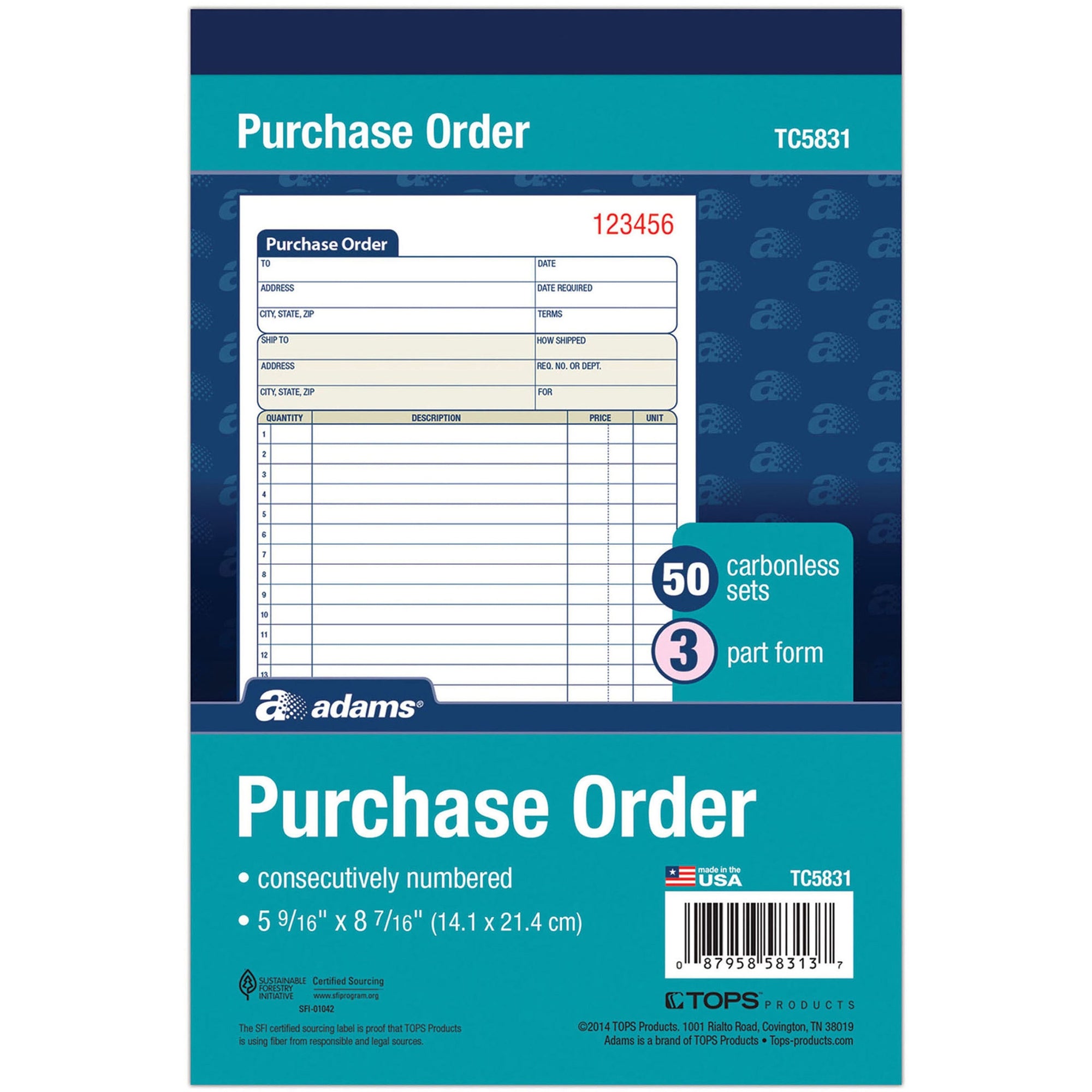 Adams 3-Part Carbonless Purchase Order Forms - 3 PartCarbonless Copy - 5.56" x 8.43" Sheet Size - 1 Each - 
