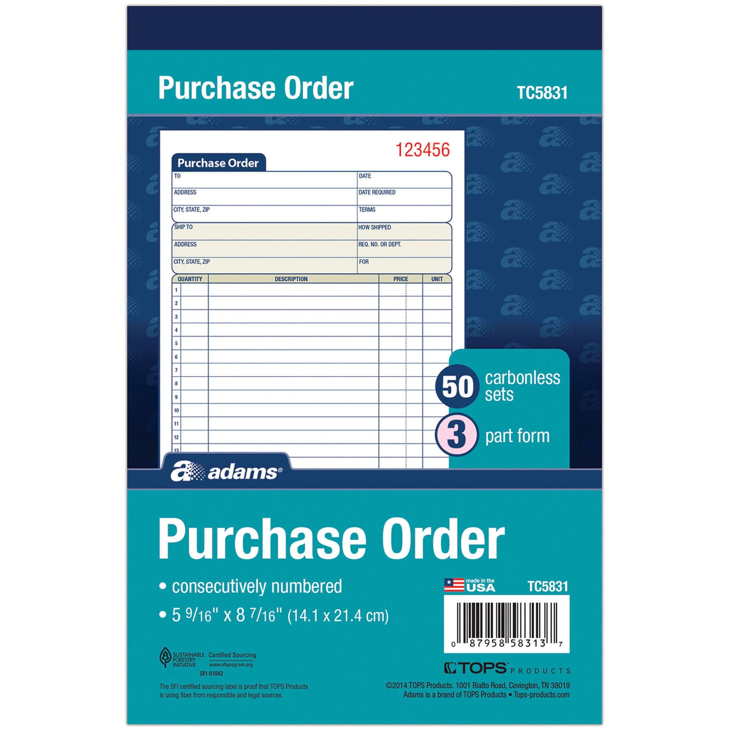 Adams 3-Part Carbonless Purchase Order Forms - 3 PartCarbonless Copy - 5.56" x 8.43" Sheet Size - 1 Each - 
