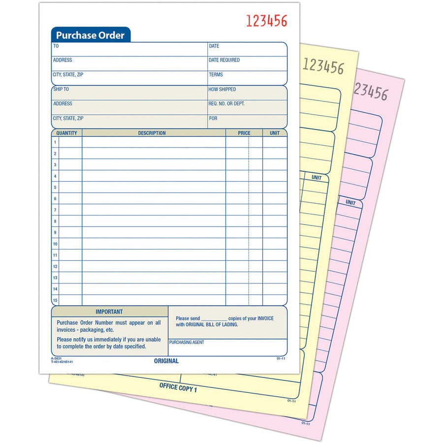 Adams 3-Part Carbonless Purchase Order Forms - 3 PartCarbonless Copy - 5.56" x 8.43" Sheet Size - 1 Each - 