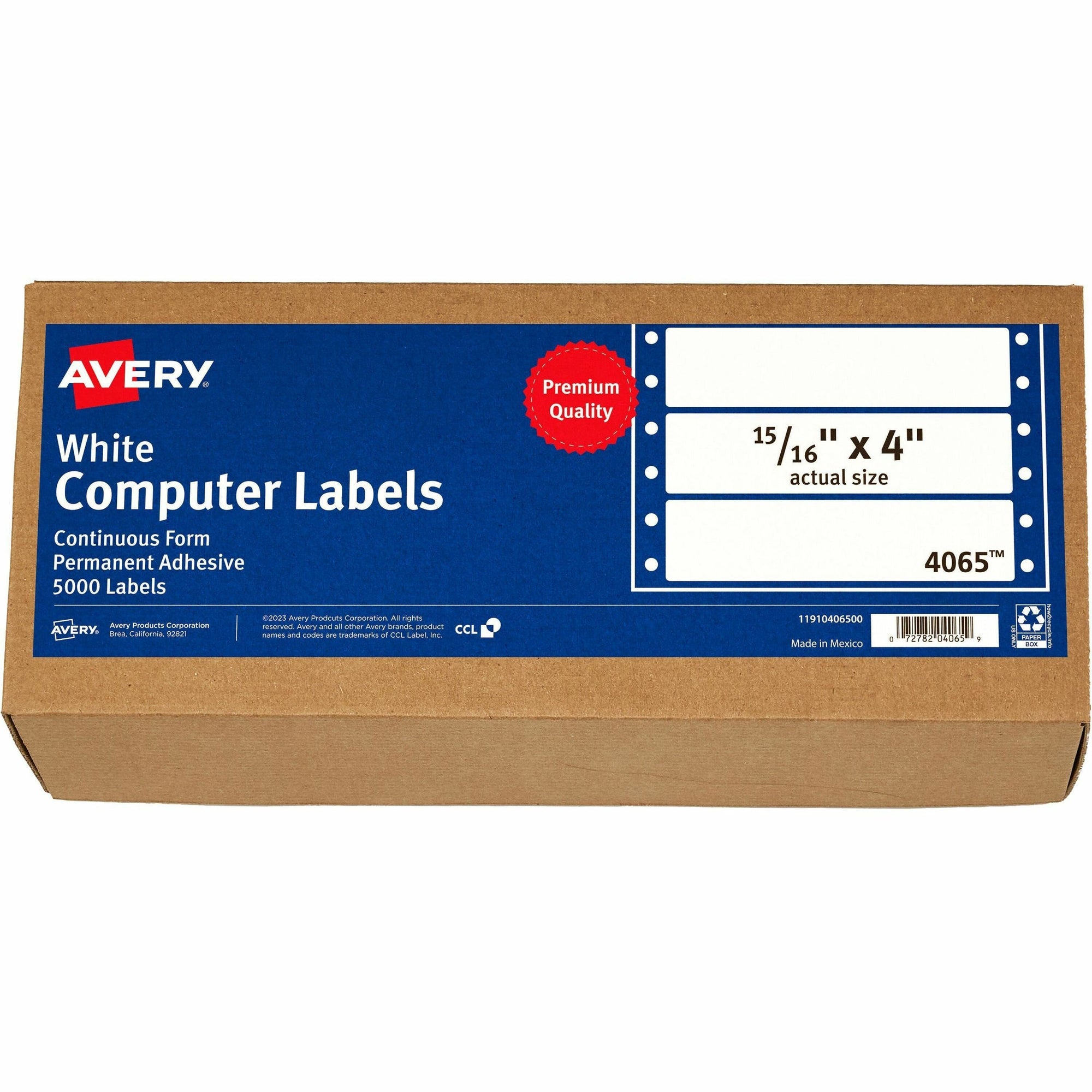 Avery Continuous Form Computer Labels, Permanent Adhesive, 4" x 15/16" , 5,000 Labels (4065) - 4" Width x 0.93" Length - 5000 / Box - White