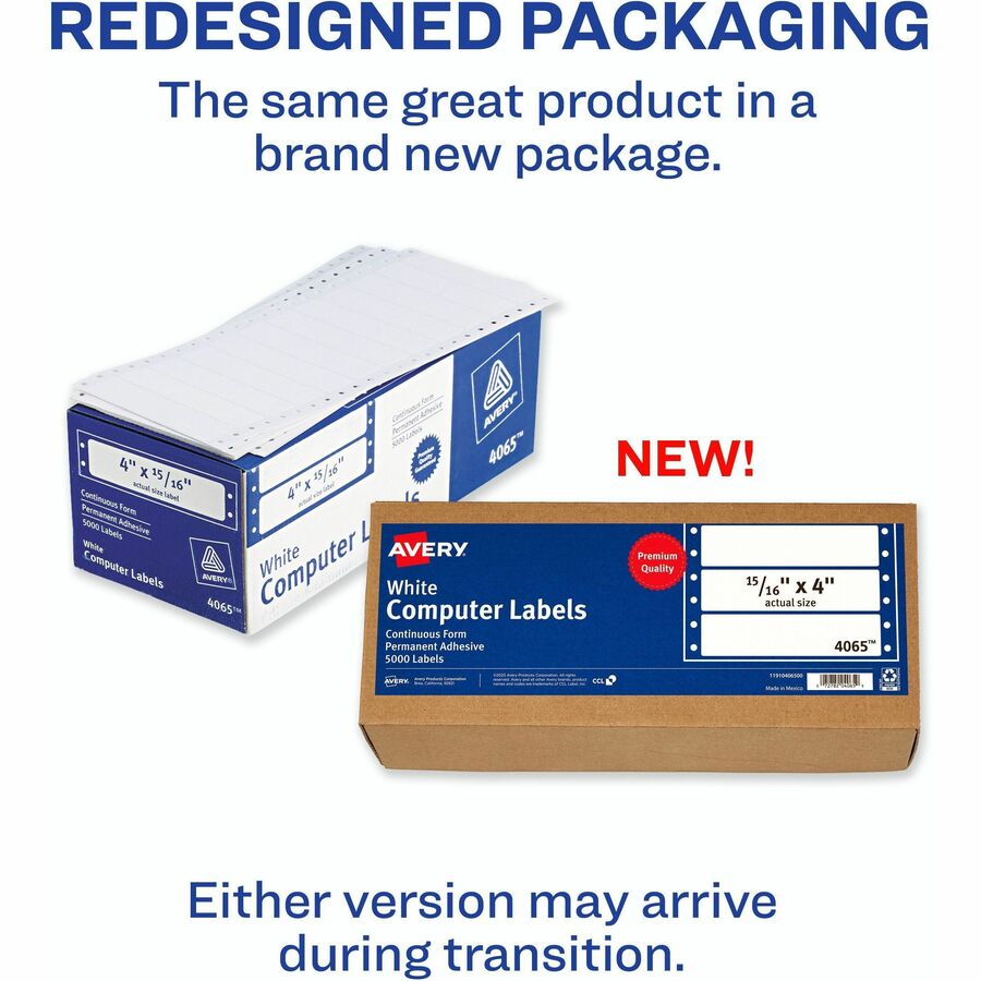 Avery Continuous Form Computer Labels, Permanent Adhesive, 4" x 15/16" , 5,000 Labels (4065) - 4" Width x 0.93" Length - 5000 / Box - White