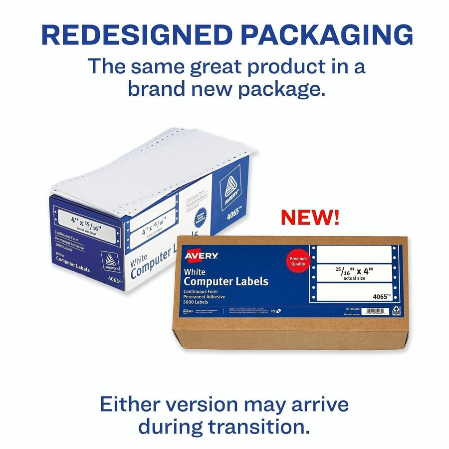 Avery Continuous Form Computer Labels, Permanent Adhesive, 4" x 15/16" , 5,000 Labels (4065) - 4" Width x 0.93" Length - 5000 / Box - White