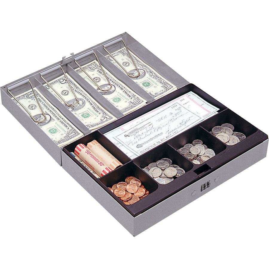 Sparco Steel Combination Lock Steel Cash Box - 6 Coin - Steel - Gray - 3.2" Height x 11.5" Width x 7.8" Depth - 
