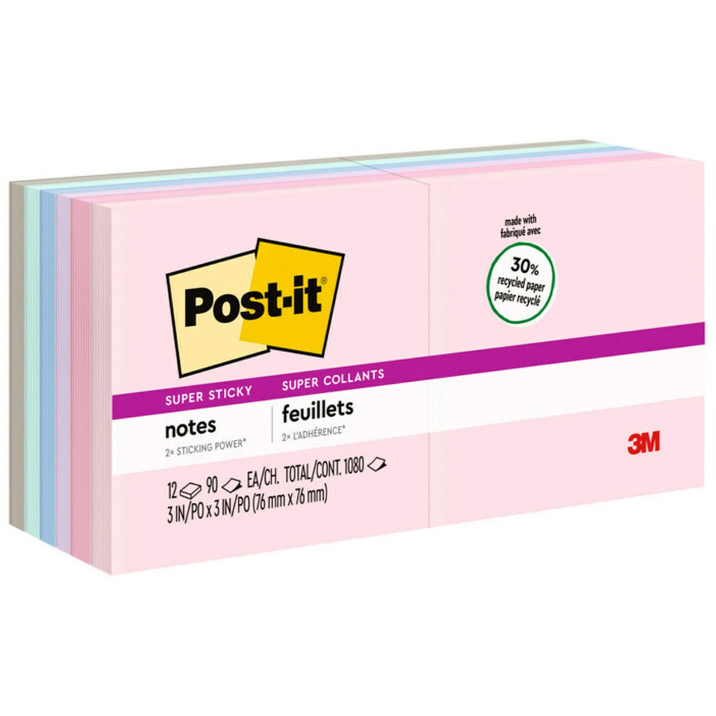 Recycled Notes in Wanderlust Pastels Collection Colors, 3" x 3", 90 Sheets/Pad, 12 Pads/Pack