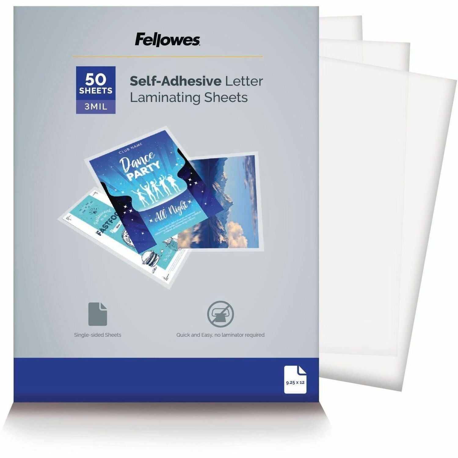 Self-Adhesive Laminating Sheets, 3 mil, 9.25" x 12", Gloss Clear, 50/Box
