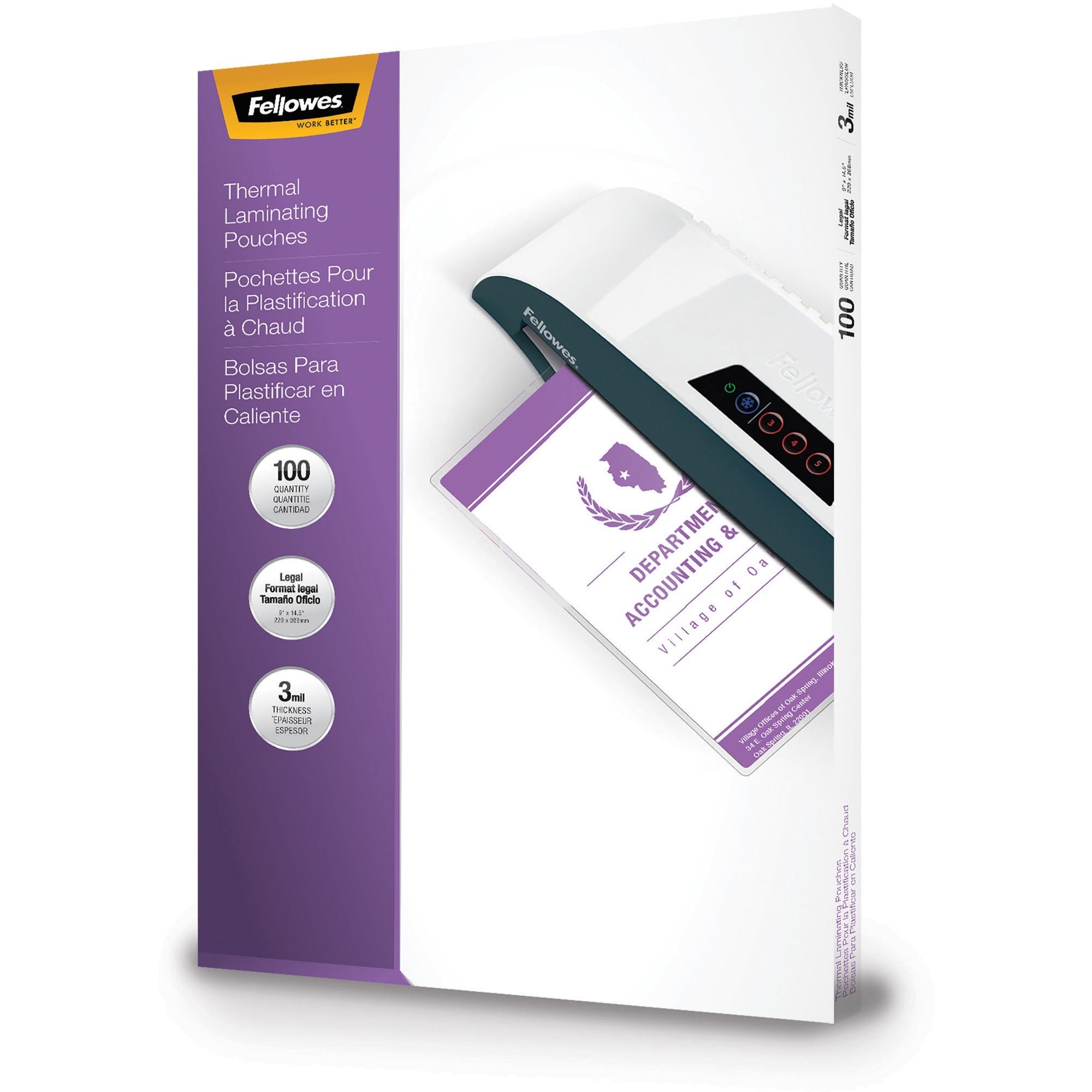 Fellowes Legal-Size Glossy Thermal Laminating Pouches - Sheet Size Supported: Legal - Laminating Pouch/Sheet Size: 9" Width x 3 mil Thickness - Type G - Glossy - for Document - Durable - Clear - 100 / Pack - 