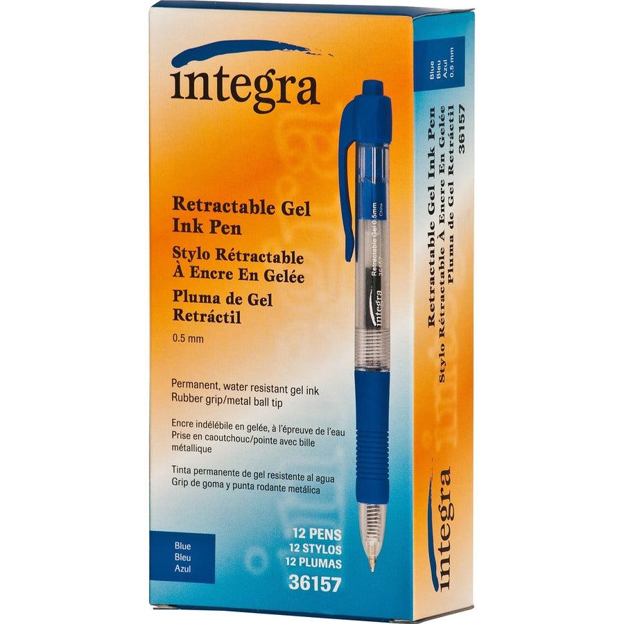 Integra Retractable 0.5mm Gel Pens - Fine Pen Point - 0.5 mm Pen Point Size - Retractable - Blue Gel-based Ink - Blue Barrel - Metal Tip - 1 Dozen